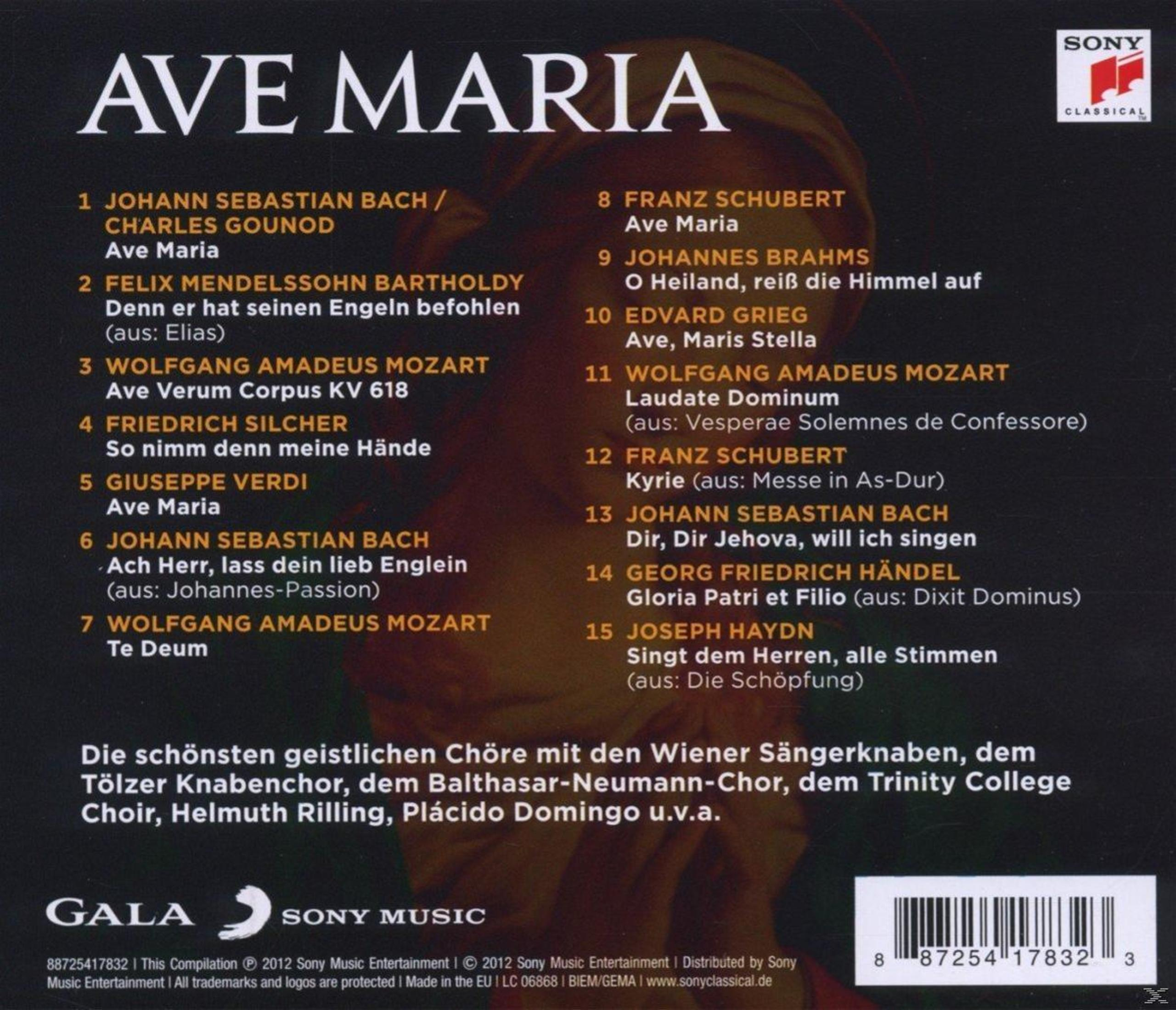 Rückseite einer Musik-CD Ave Maria mit Songliste auf dunklem Hintergrund und Sony-Logo.