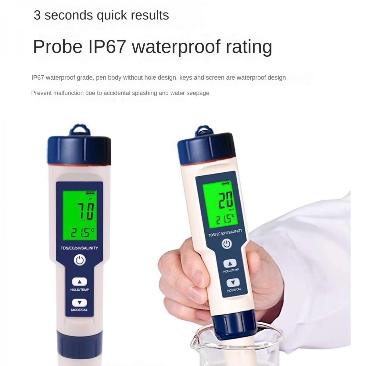 Wasserdichter IP67-Tester zur schnellen Messung von pH, EC und Temperatur in flüssigen Proben.