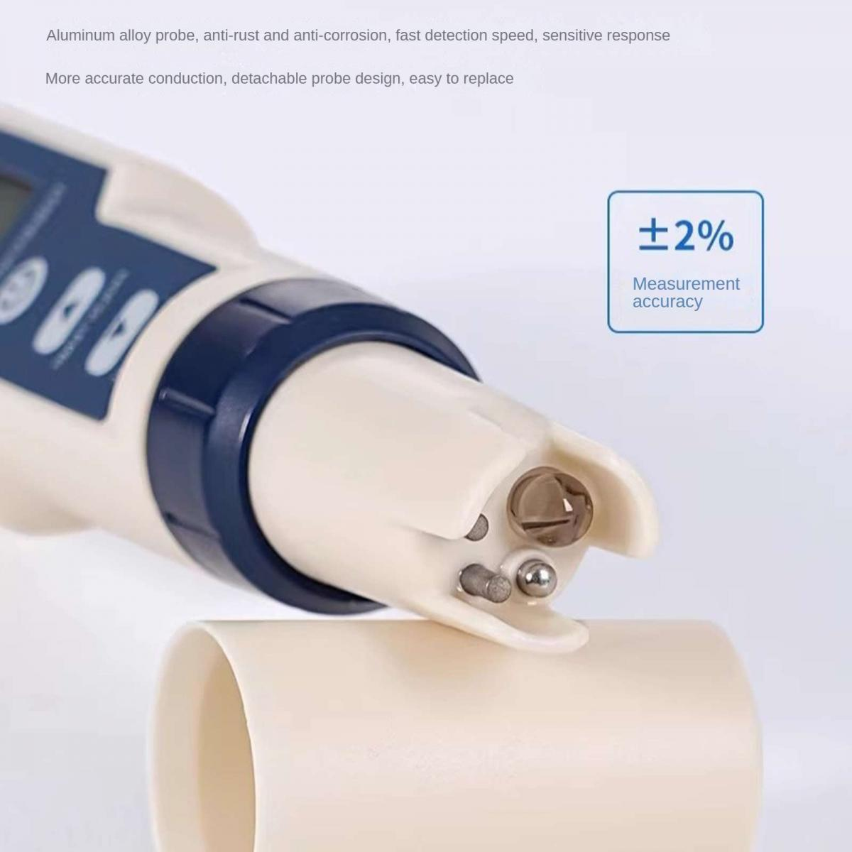 Nahaufnahme einer Aluminium-Sonde mit abnehmbarer Kappe und einer Messgenauigkeit von zwei Prozent.