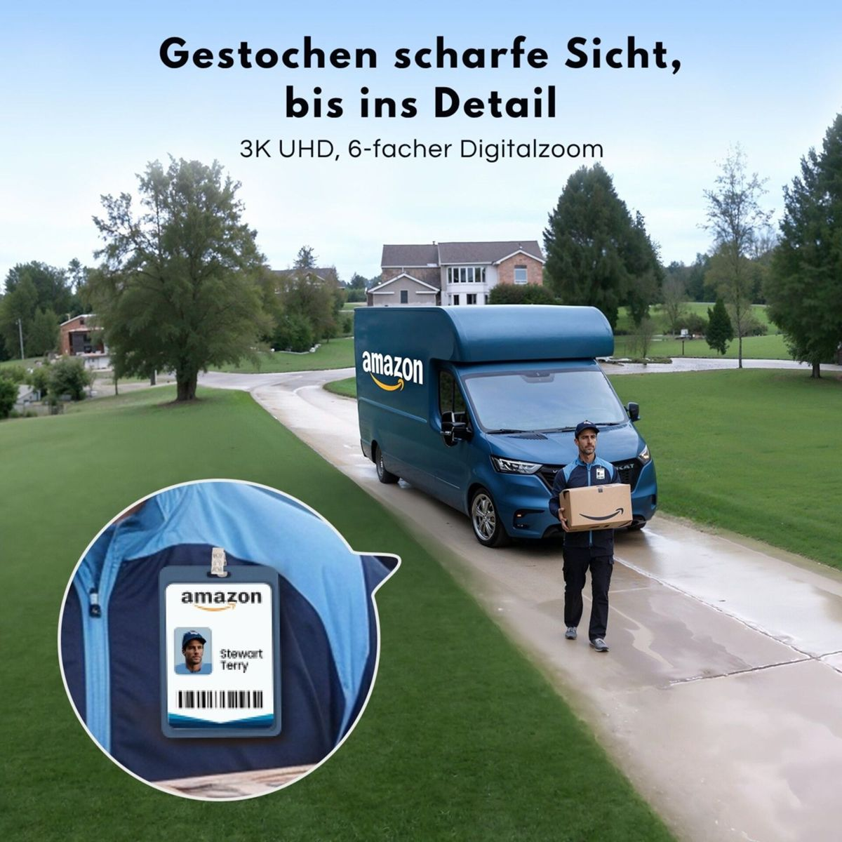 Ein Amazon-Lieferant geht mit einem Paket vor einem Transporter, mit einer Detailansicht seines Ausweises.
