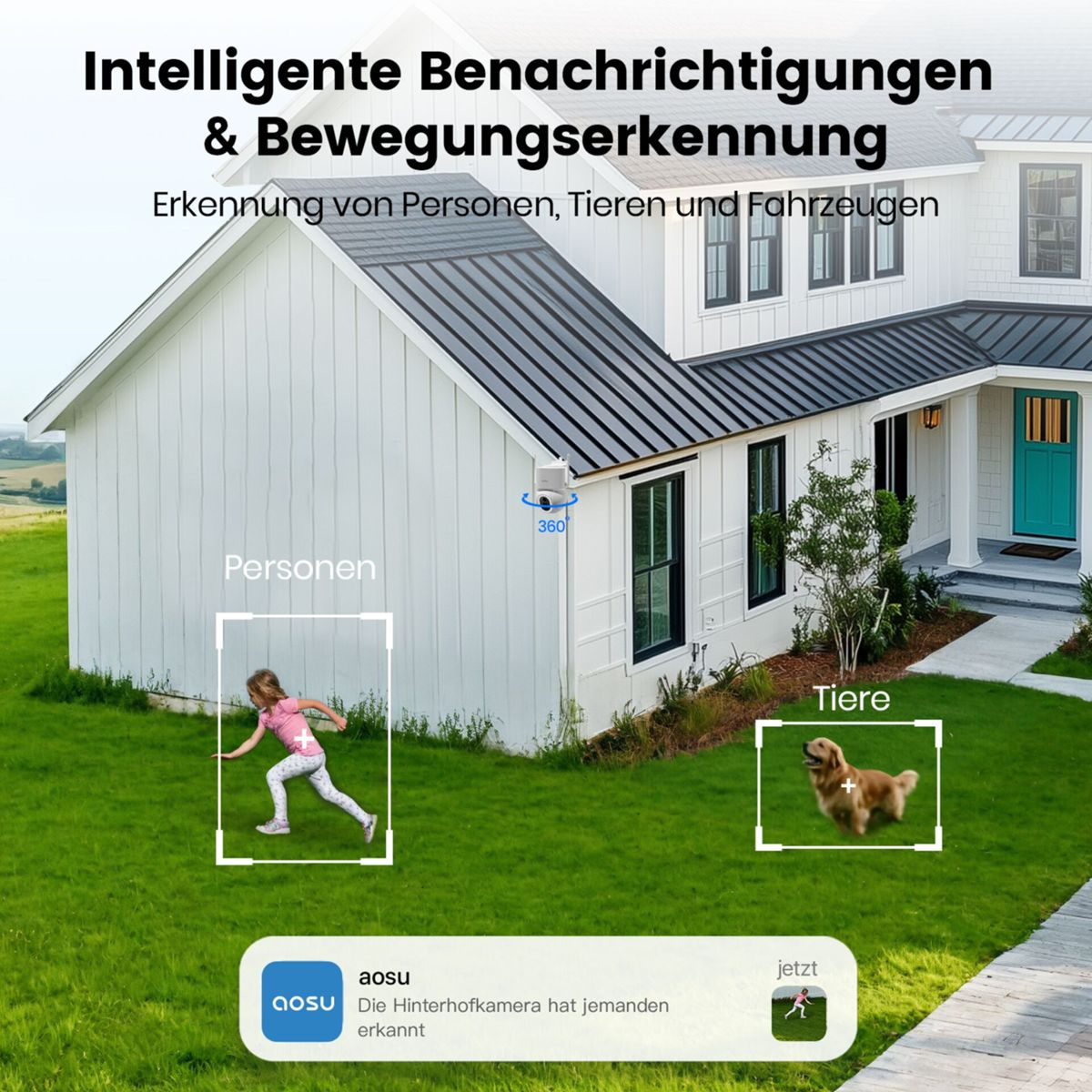 Überwachungskamera am weißen Haus erkennt ein Kind und einen Hund auf dem Rasen.