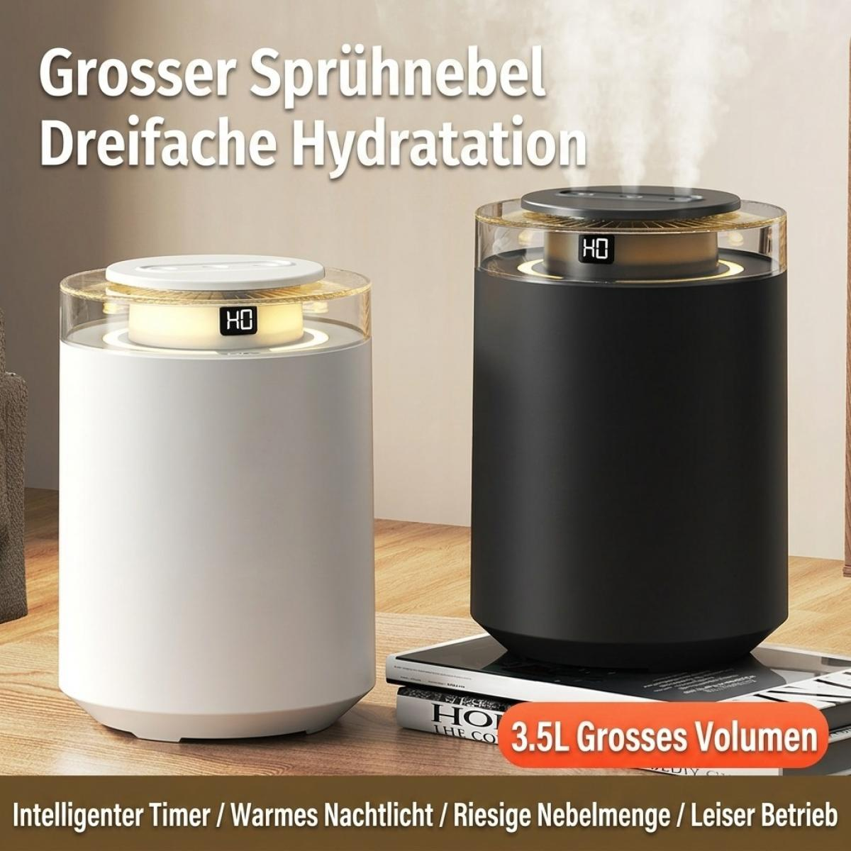 Weisse und schwarze zylindrische Luftbefeuchter auf Holzboden mit deutschem Werbetext.