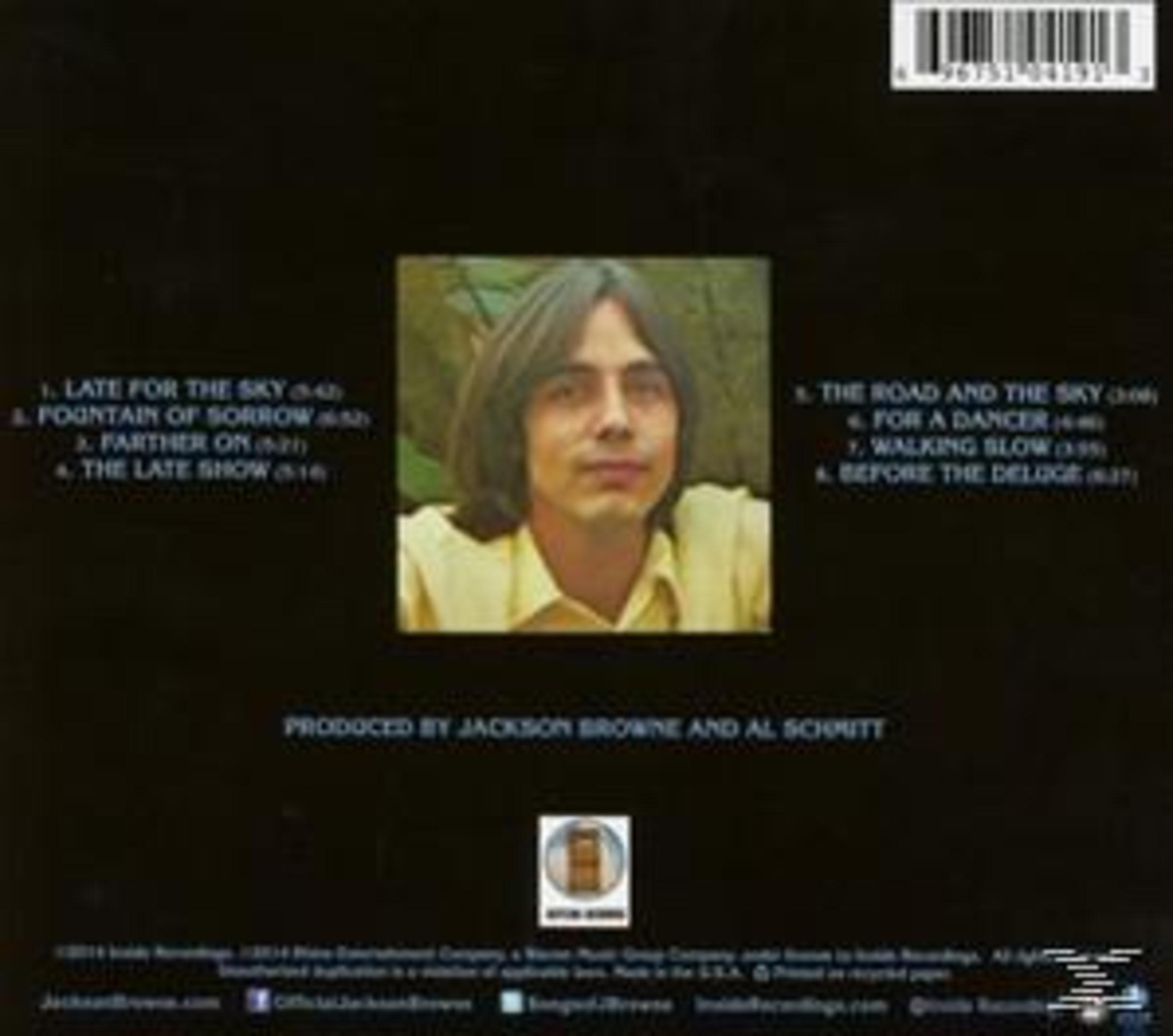 Album-Rückseite mit Jackson Brownes Porträt, Titelliste und Barcode vor dunklem Hintergrund.