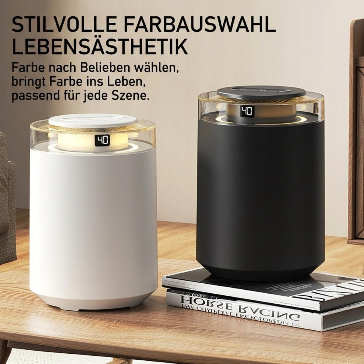 Zwei zylindrische Geräte in Weiß und Schwarz mit digitaler Anzeige stehen auf einem Holztisch.