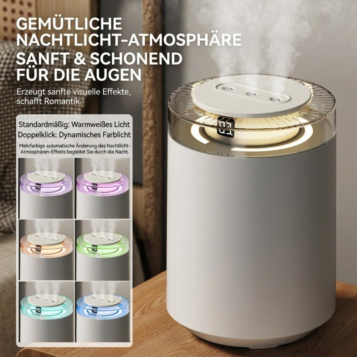 Ein weißer zylindrischer Luftbefeuchter mit aufsteigendem Nebel und leuchtendem Ring steht auf einem Holztisch.