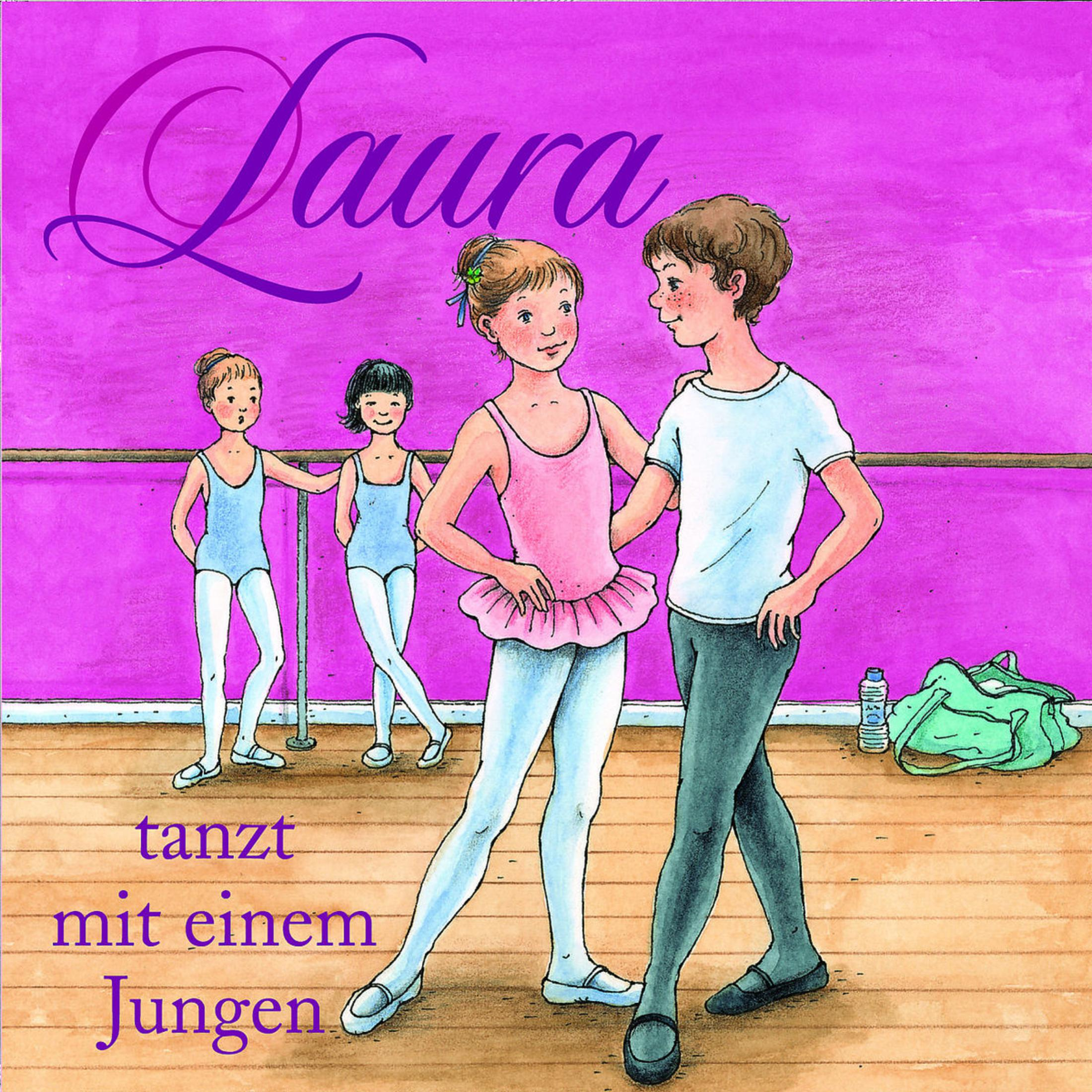 Ein Mädchen im rosa Tutu und ein Junge tanzen in einem Raum mit rosafarbener Wand und Holzboden.
