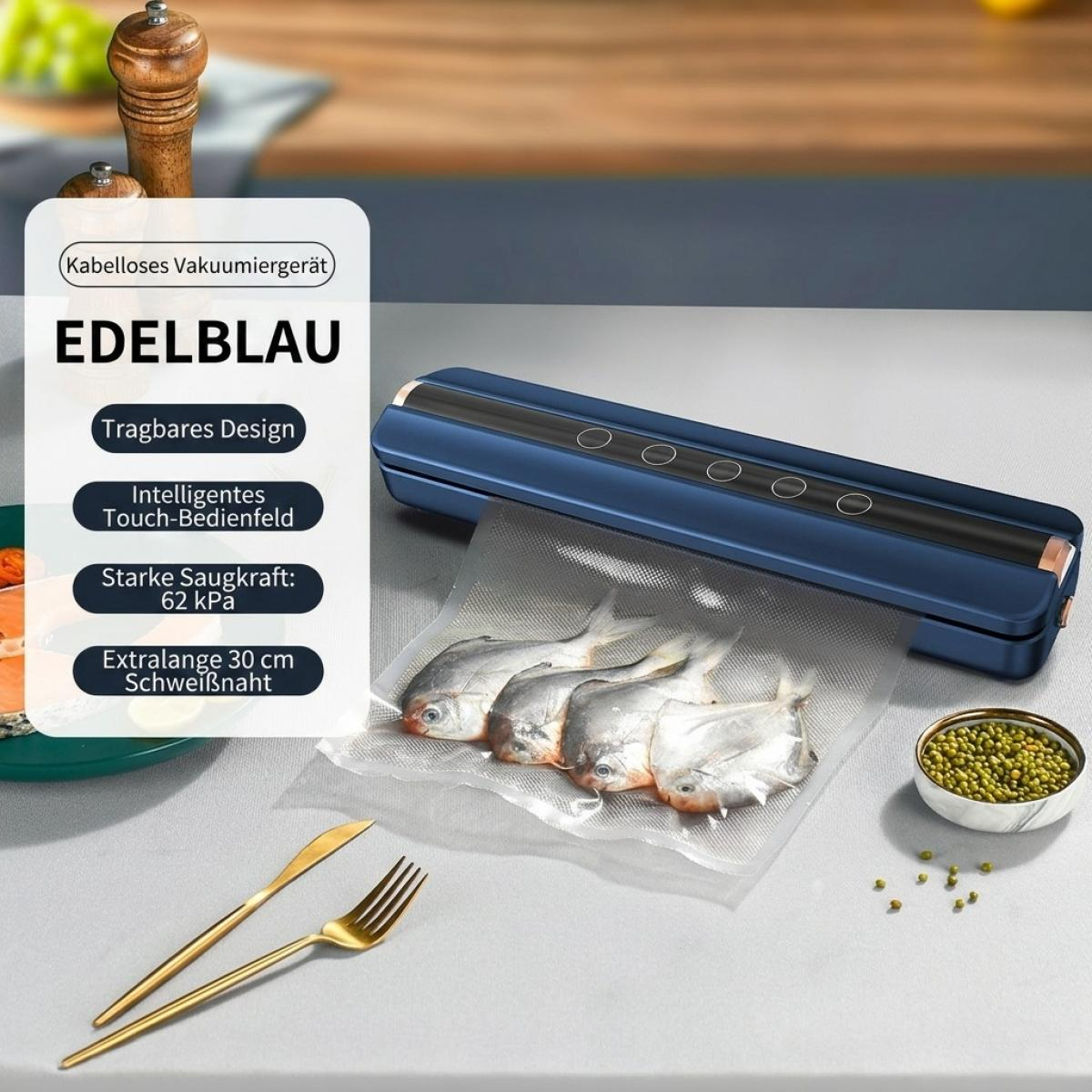 Ein blaues Vakuumiergerät versiegelt einen Beutel mit vier kleinen Fischen auf einer Theke.