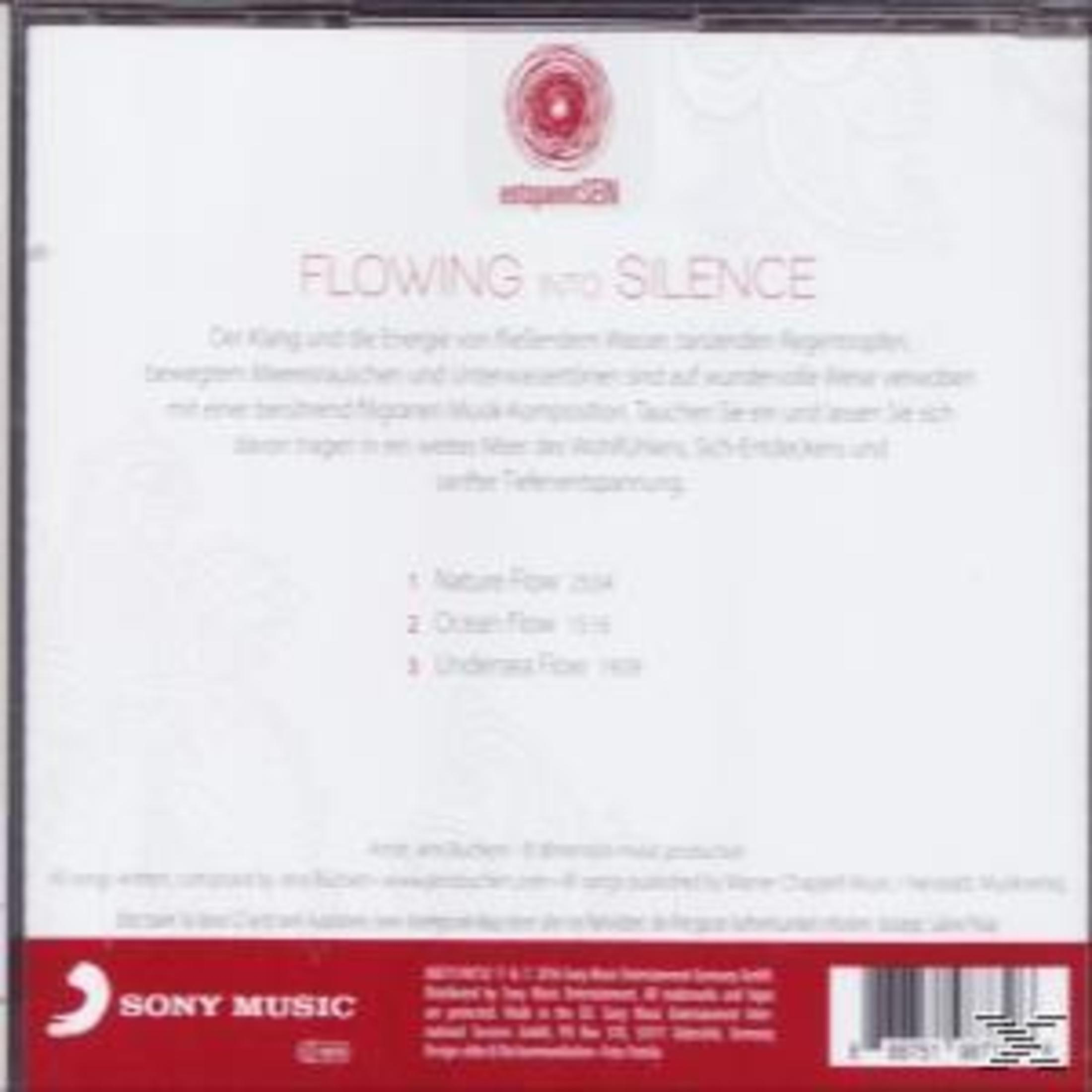 Rückseite einer Musik-CD mit dem Titel 'Flowing into Silence', Trackliste und Sony Music Logo.