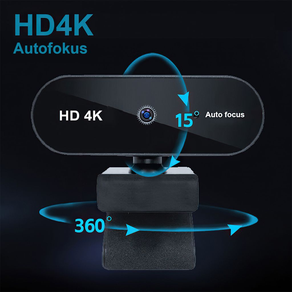 Eine schwarze 4K-Webcam mit 15-Grad-Neigung und 360-Grad-Drehung auf schwarzem Hintergrund.