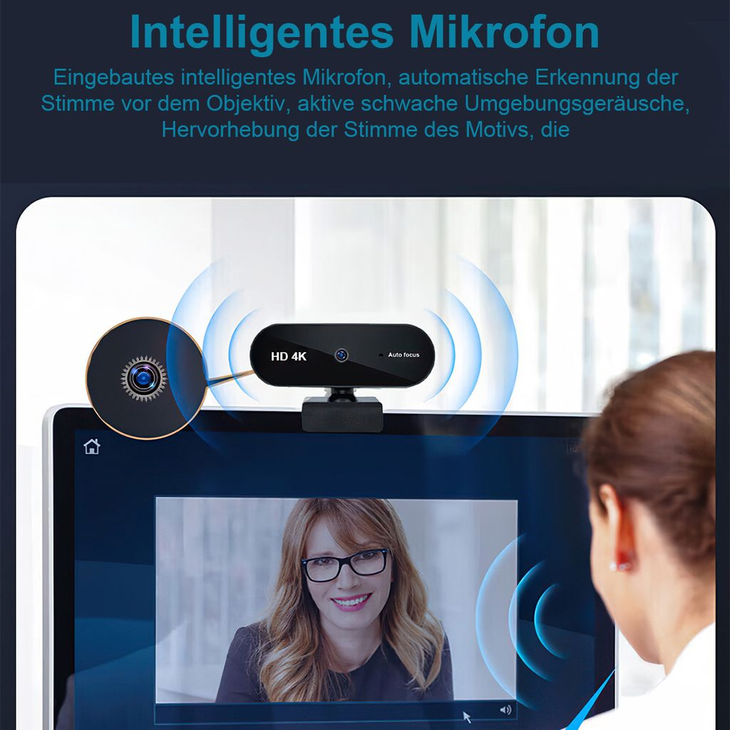 Eine HD 4K Webcam sitzt auf einem Computerbildschirm, der eine Frau zeigt, mit Mikrofon-Soundwellen-Grafiken.