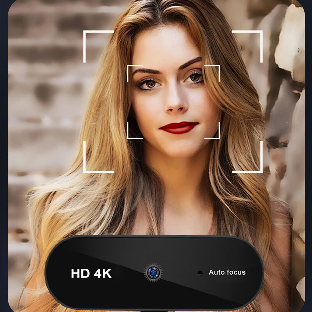 Nahaufnahme einer Frau mit langen blonden Haaren, Fokusrahmen und HD 4K Kamera-Overlay.