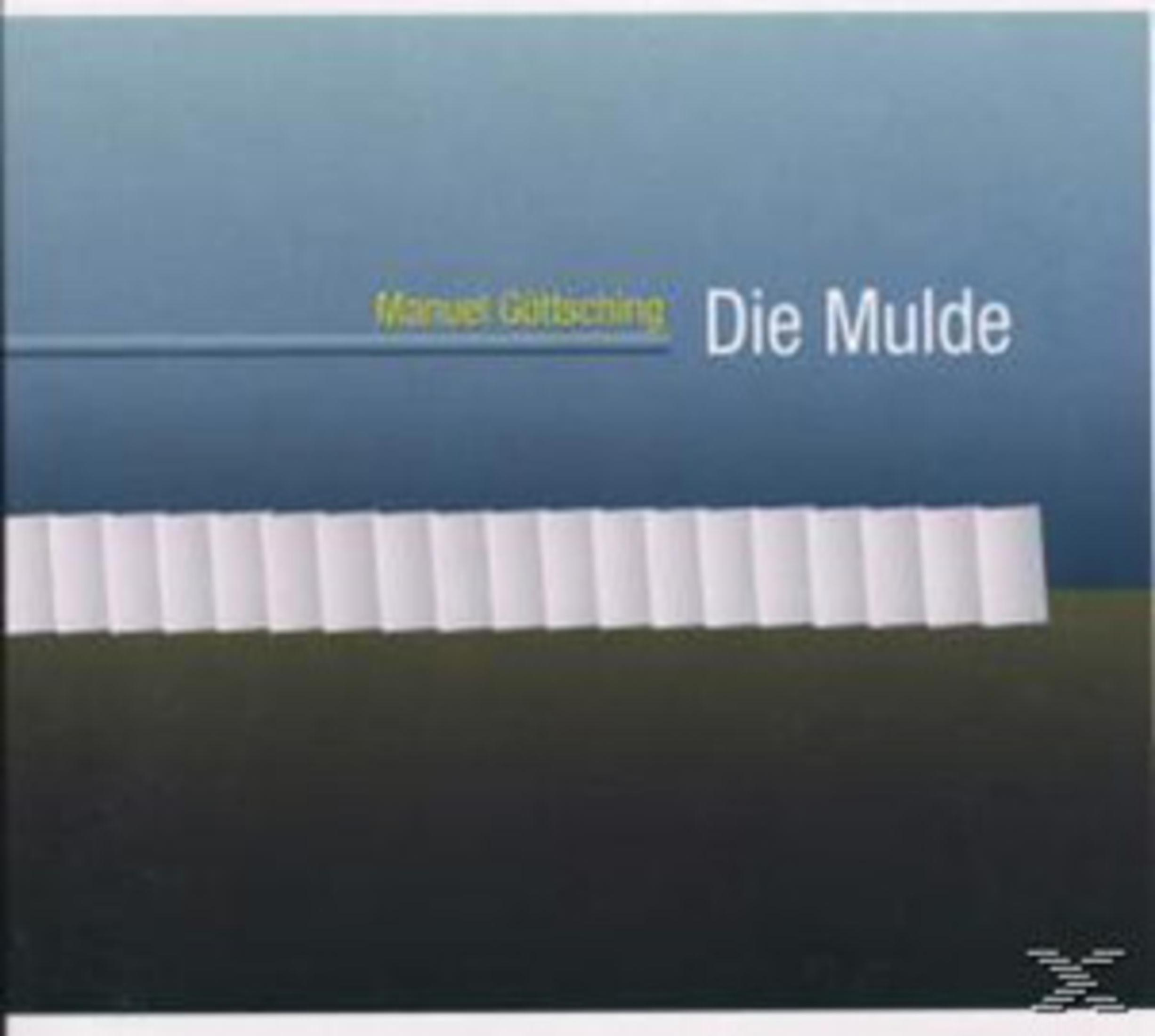 Albumcover von Manuel Göttsching mit dem Titel Die Mulde, featuring a white folded strip on blue and dark ground.