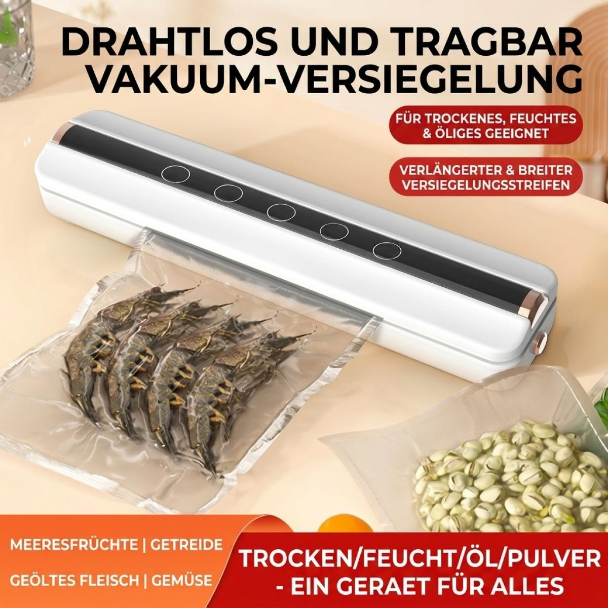Tragbares Vakuumiergerät auf einem Tisch mit versiegelten Beuteln voller Krabben und Bohnen.