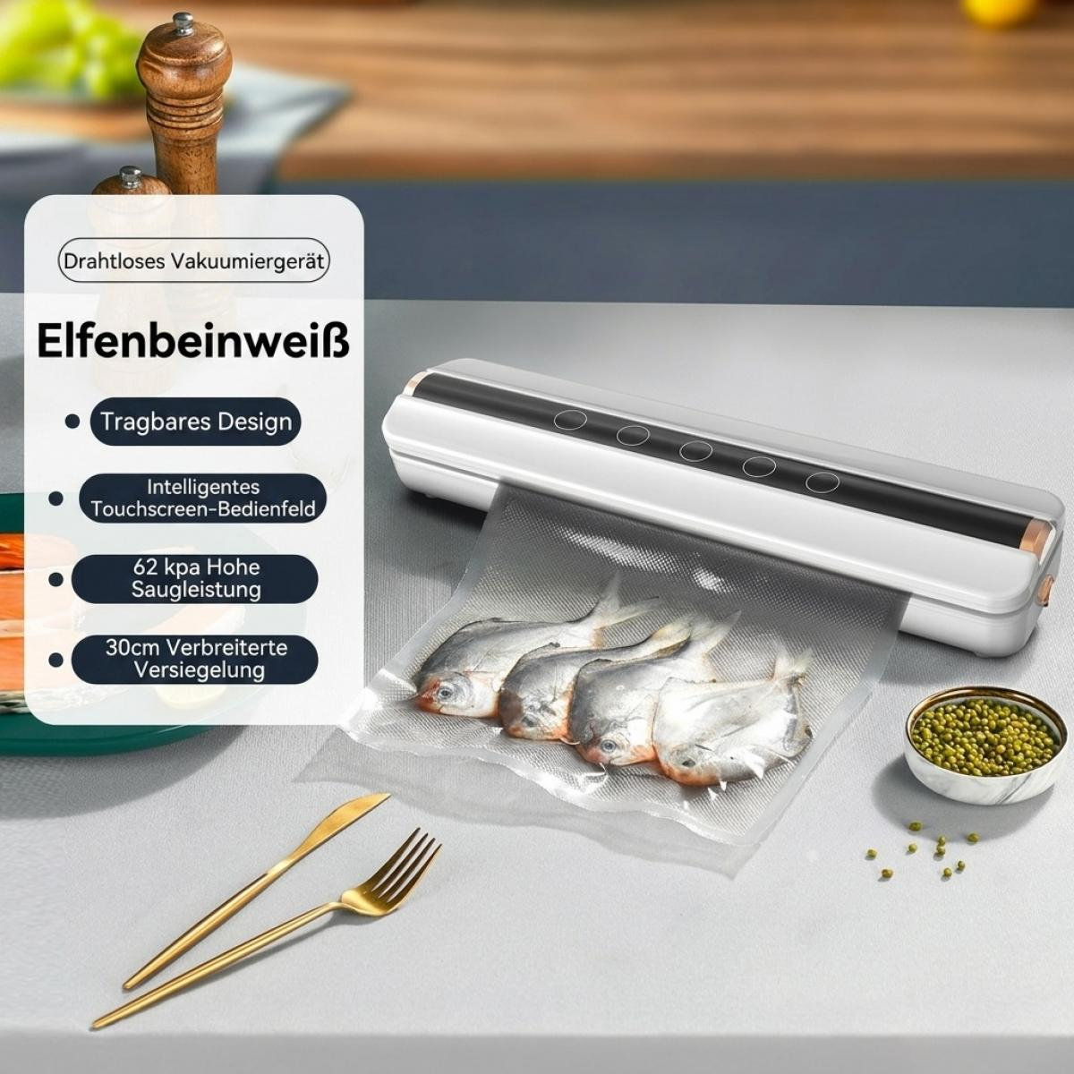 Ein weißes Vakuumiergerät versiegelt vier Fische in einem Plastikbeutel auf einem Küchentisch.