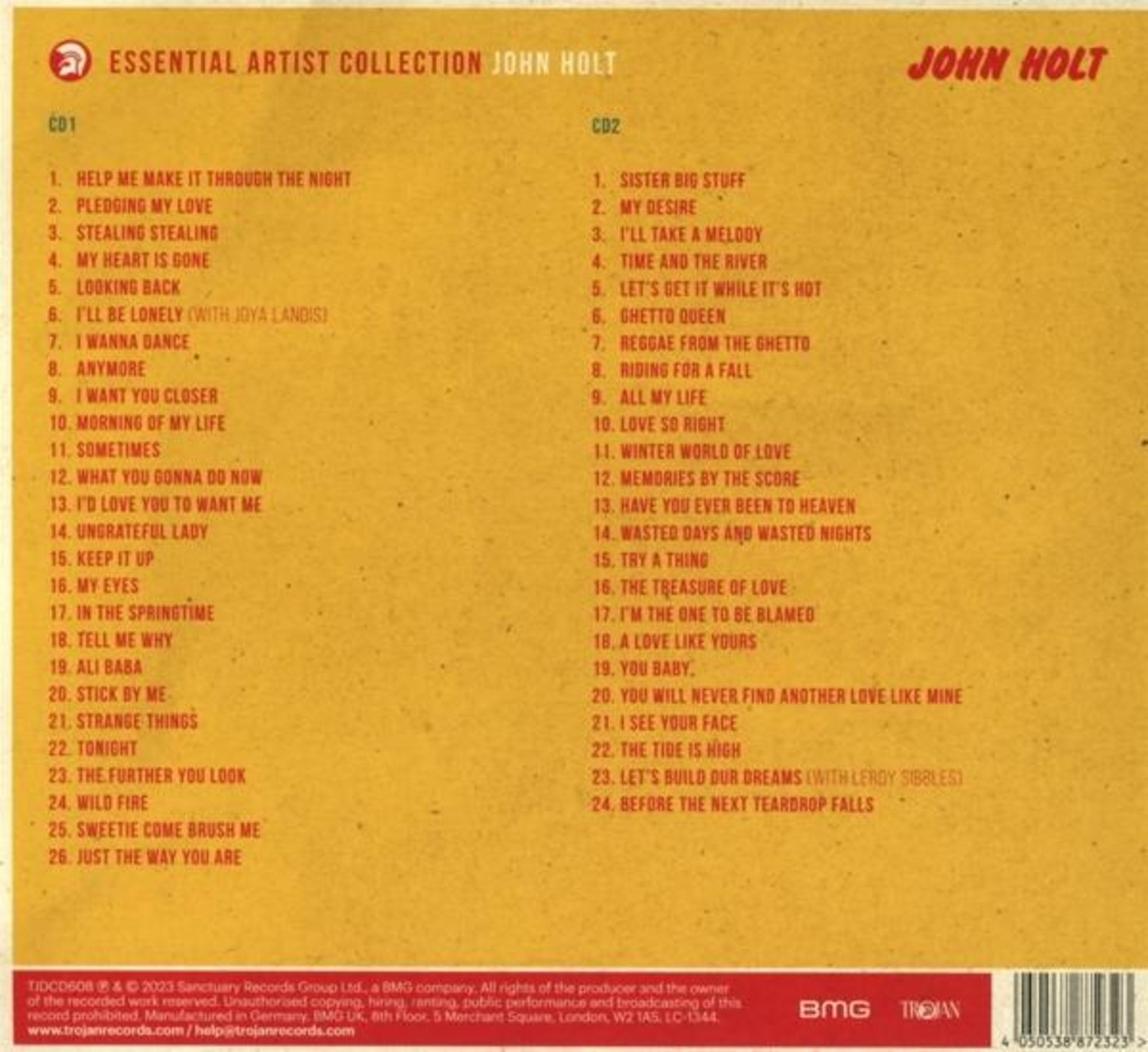 Titelliste der John Holt Essential Artist Collection auf gelbem Papier mit zwei CD-Spalten.