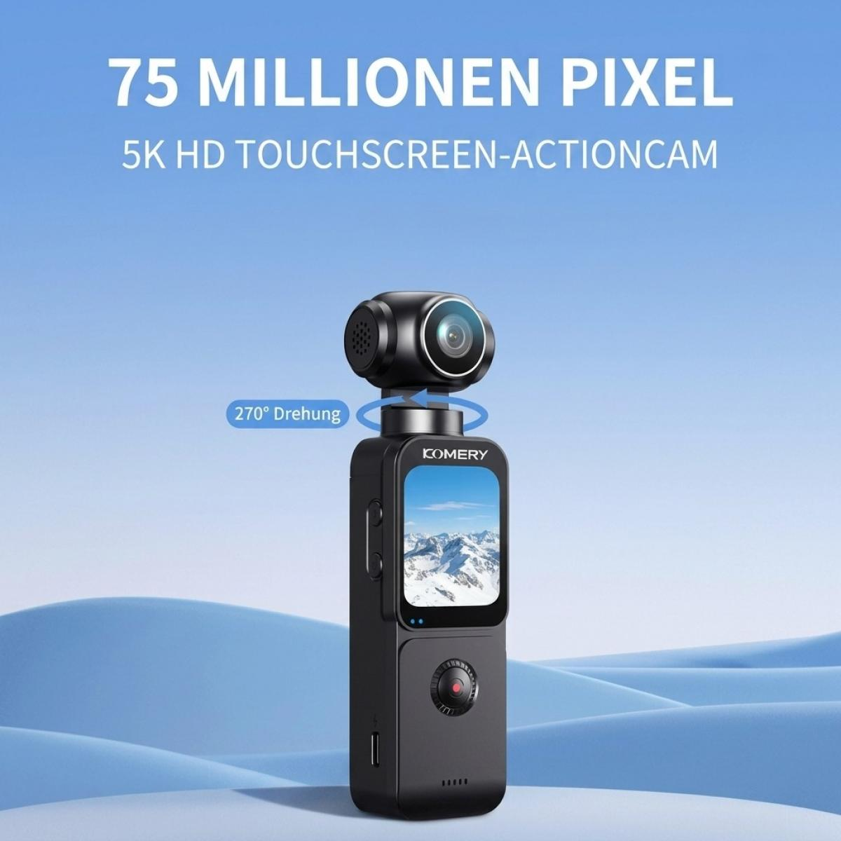 Schwarze 5K-Actioncam mit drehbarem Gimbal-Objektiv und Touchscreen vor blauem Hintergrund.