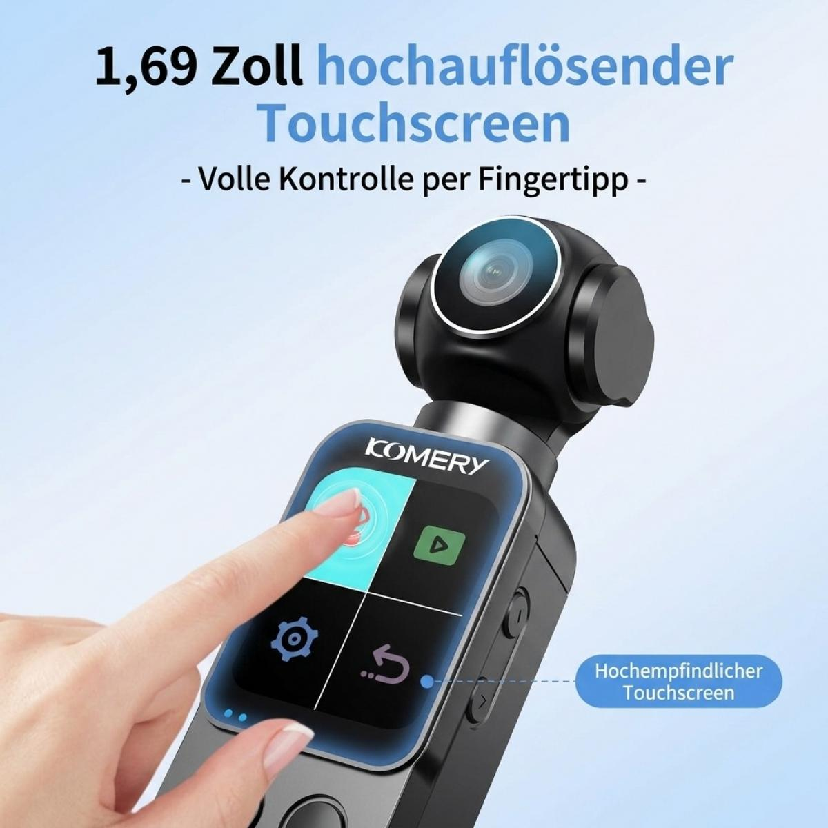Ein Finger bedient den Touchscreen einer kompakten schwarzen Komery-Kamera mit integriertem Gimbal.