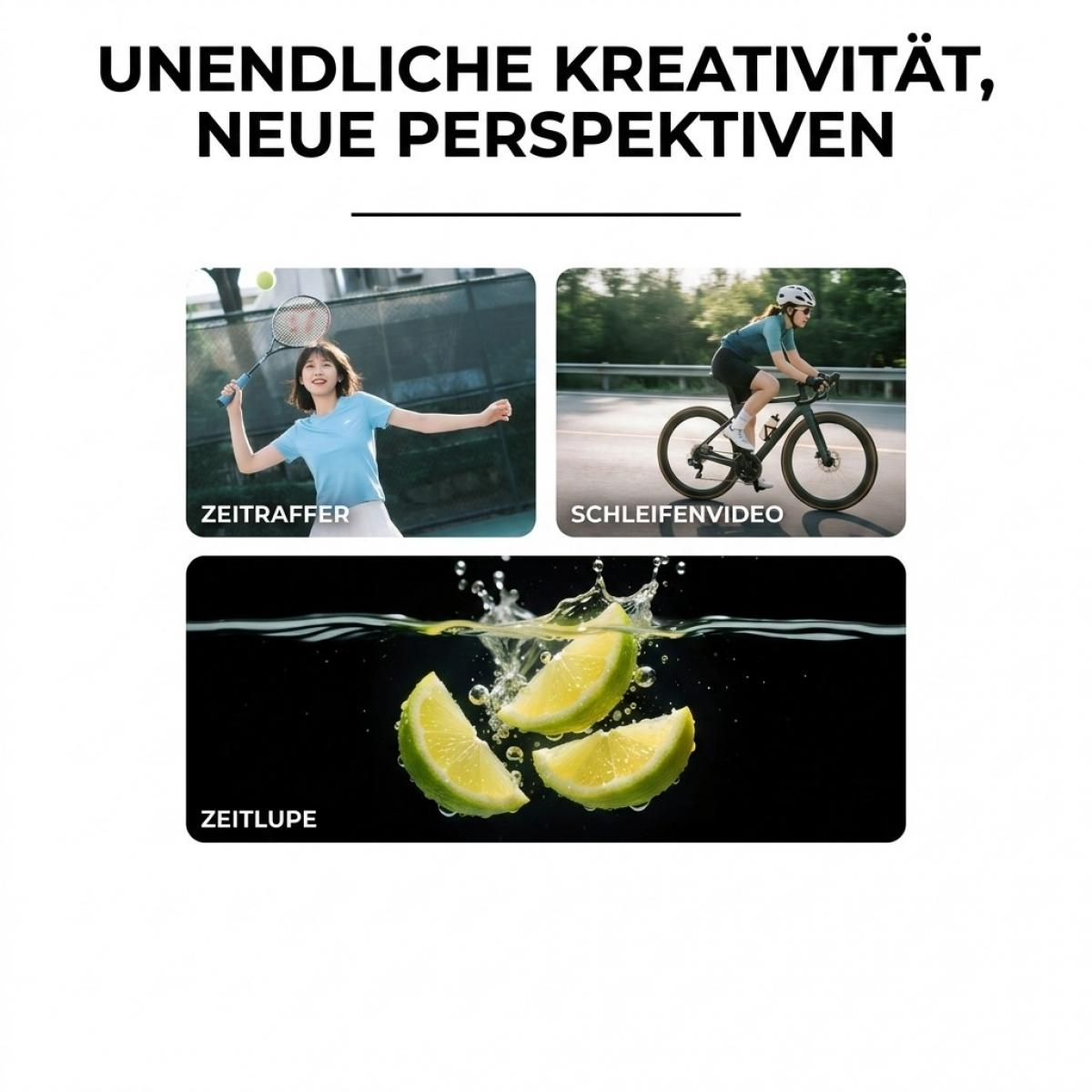 Werbebild mit Text, einer Tennisspielerin, einer Radfahrerin und Zitronenscheiben im Wasser.