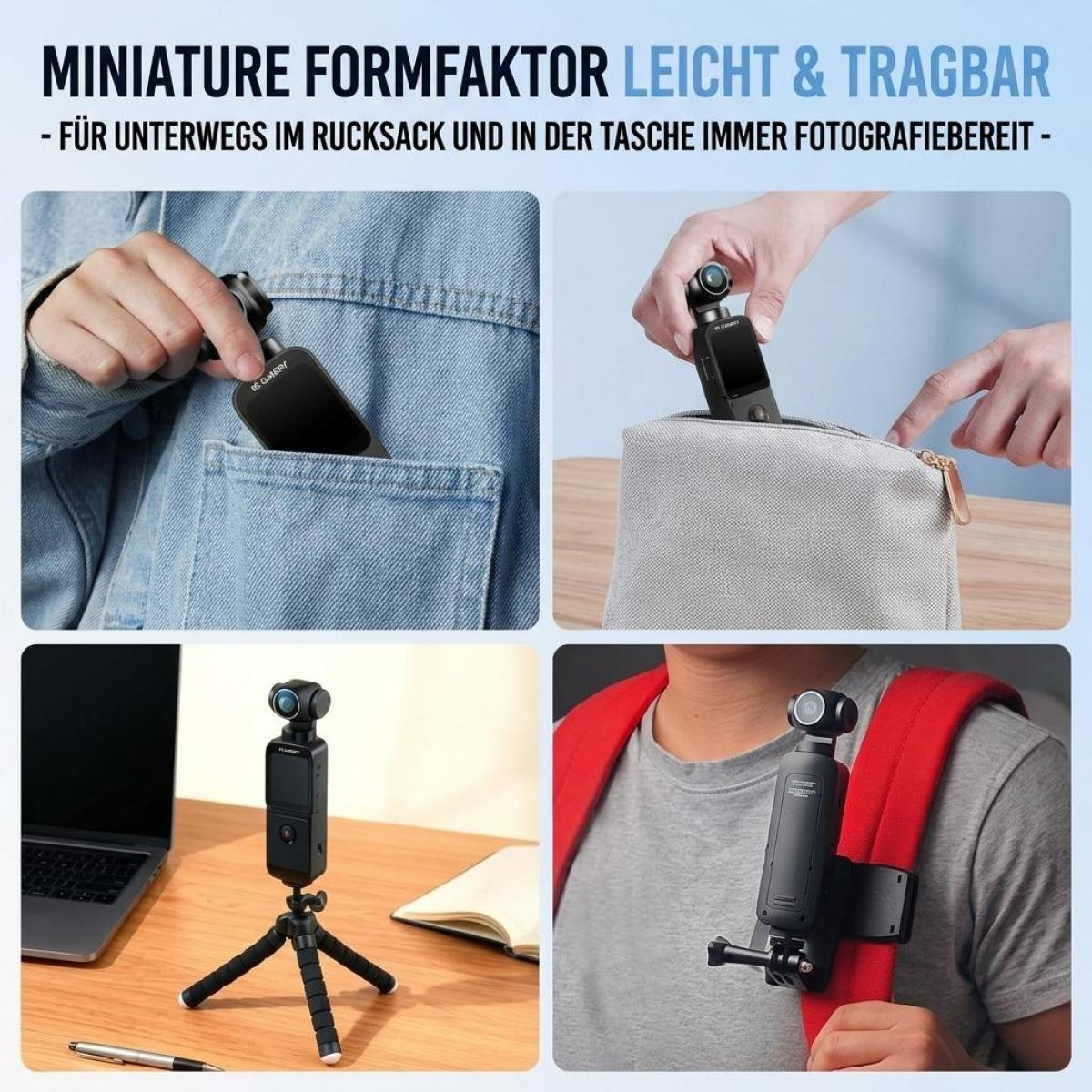 Mini-Kamera in verschiedenen Situationen: in der Tasche, auf einem Stativ und am Rucksack befestigt.