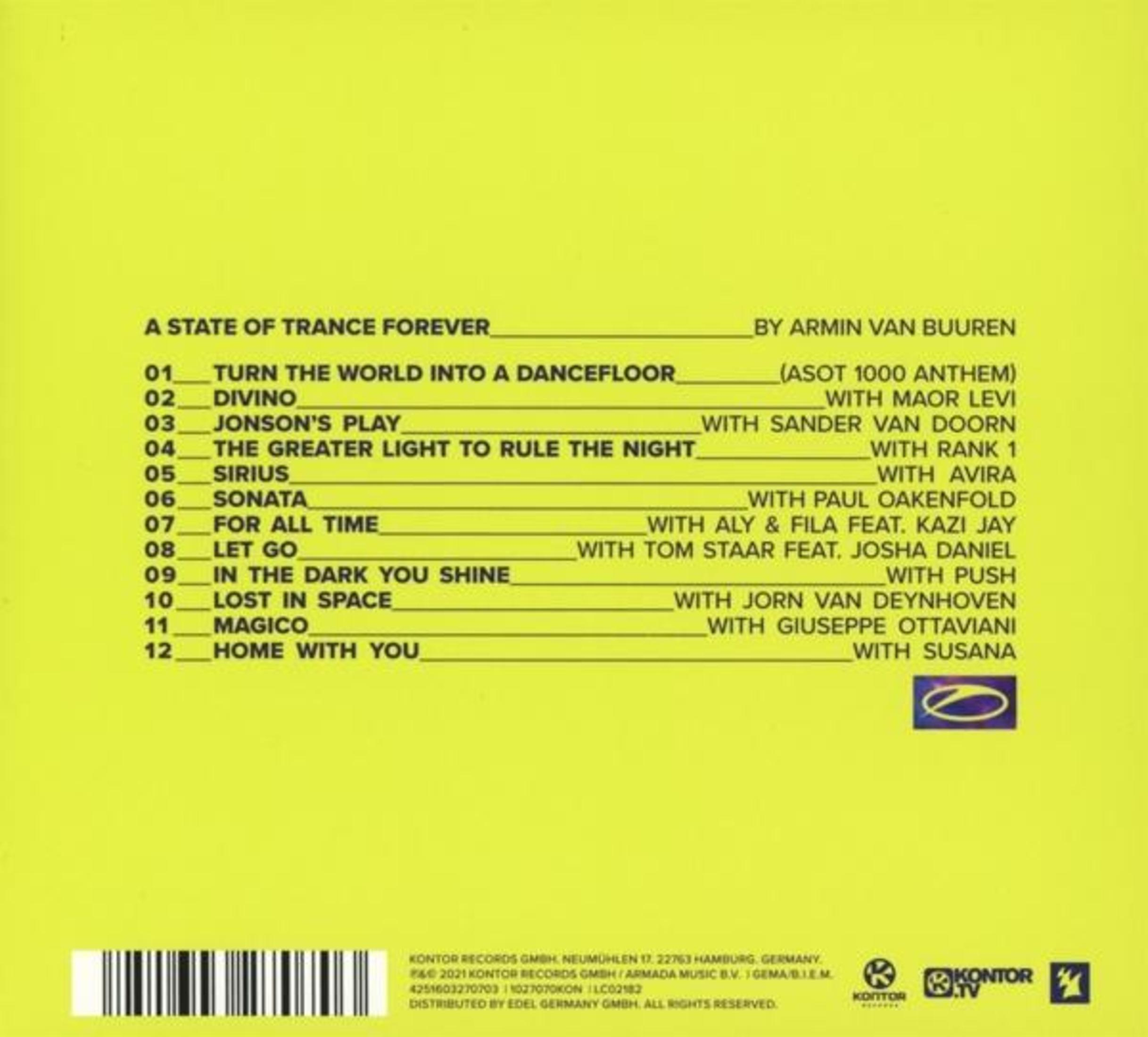 Rückseite des Albums A State Of Trance Forever von Armin van Buuren mit schwarzer Tracklist auf gelbem Hintergrund.