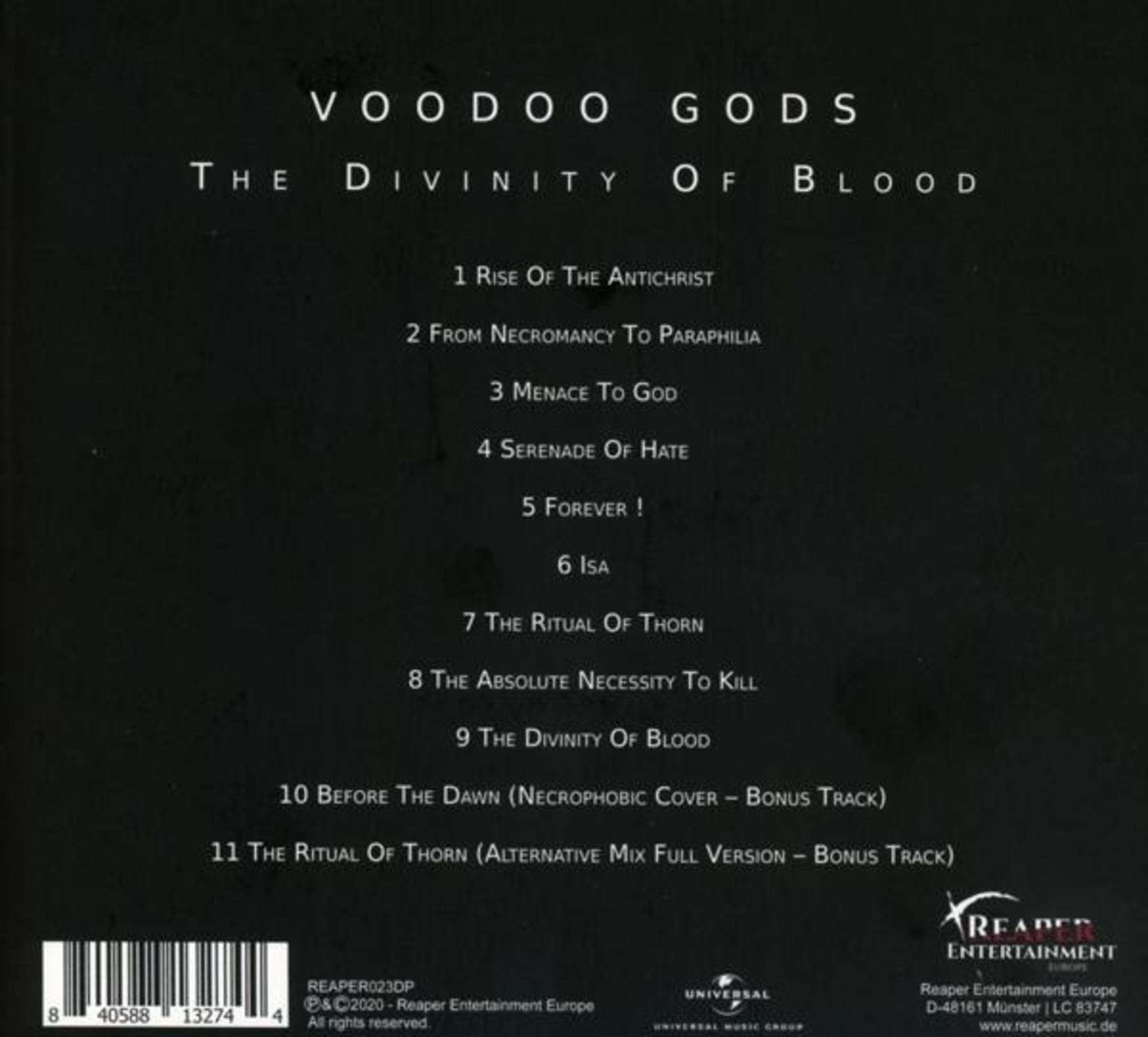Rückseite des Voodoo Gods Albums mit Titelliste, Barcode und Logos auf schwarzem Grund.