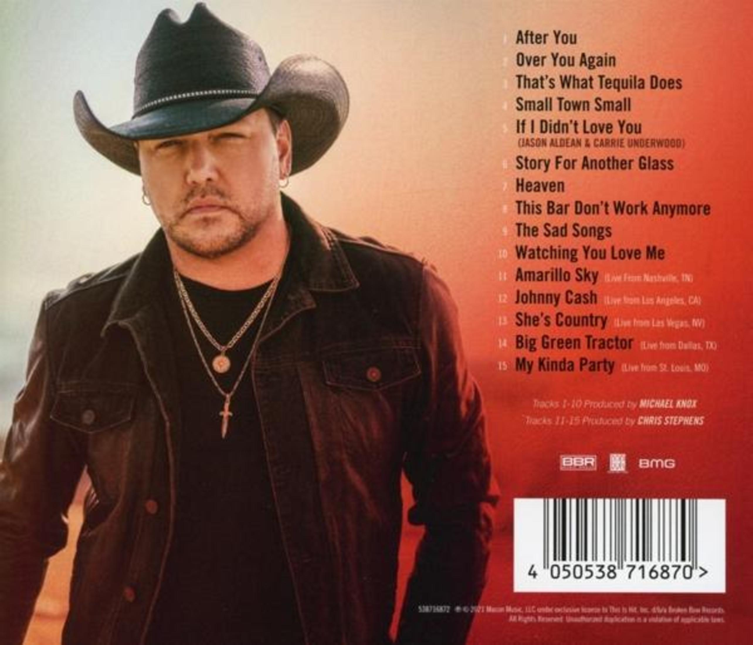 Ein Mann mit Cowboyhut und Lederjacke, mit Titelliste und Barcode auf rotem Hintergrund.