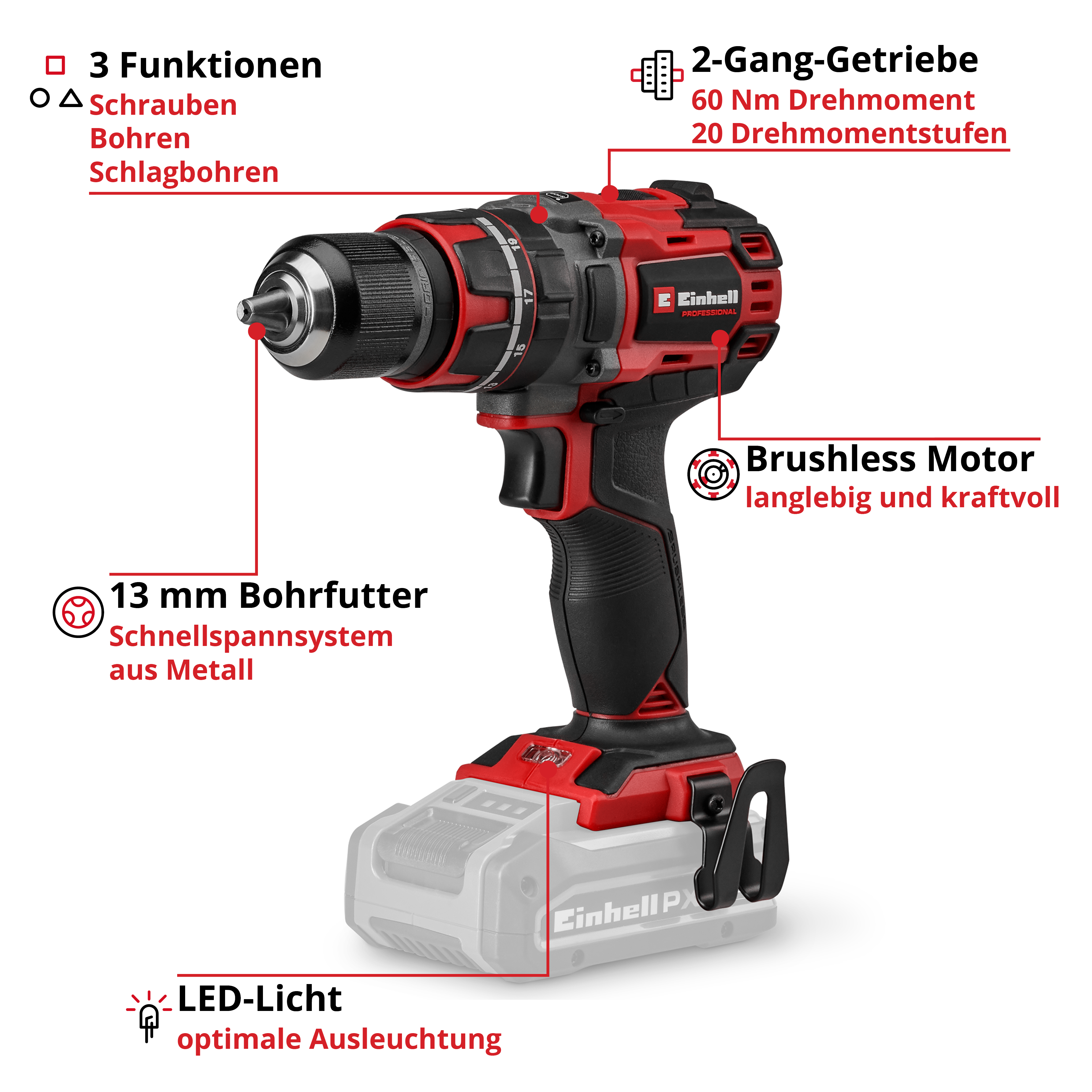 Trapano avvitatore a batteria Einhell rosso e nero con caratteristiche come mandrino da 13 mm e luce LED.