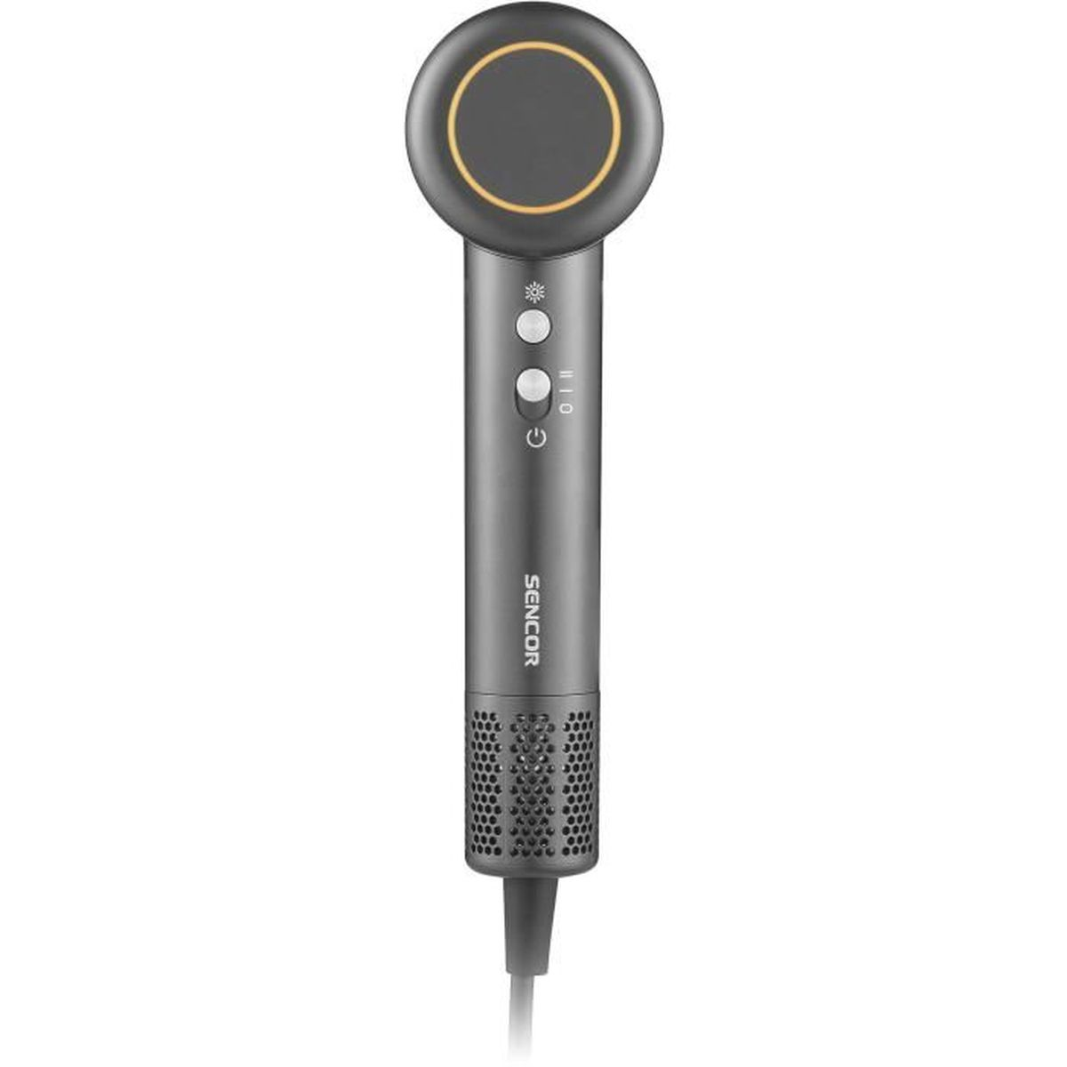 Ein moderner, grauer Sencor Haartrockner mit rundem Kopf, Bedientasten und Netzfilter am Griff.
