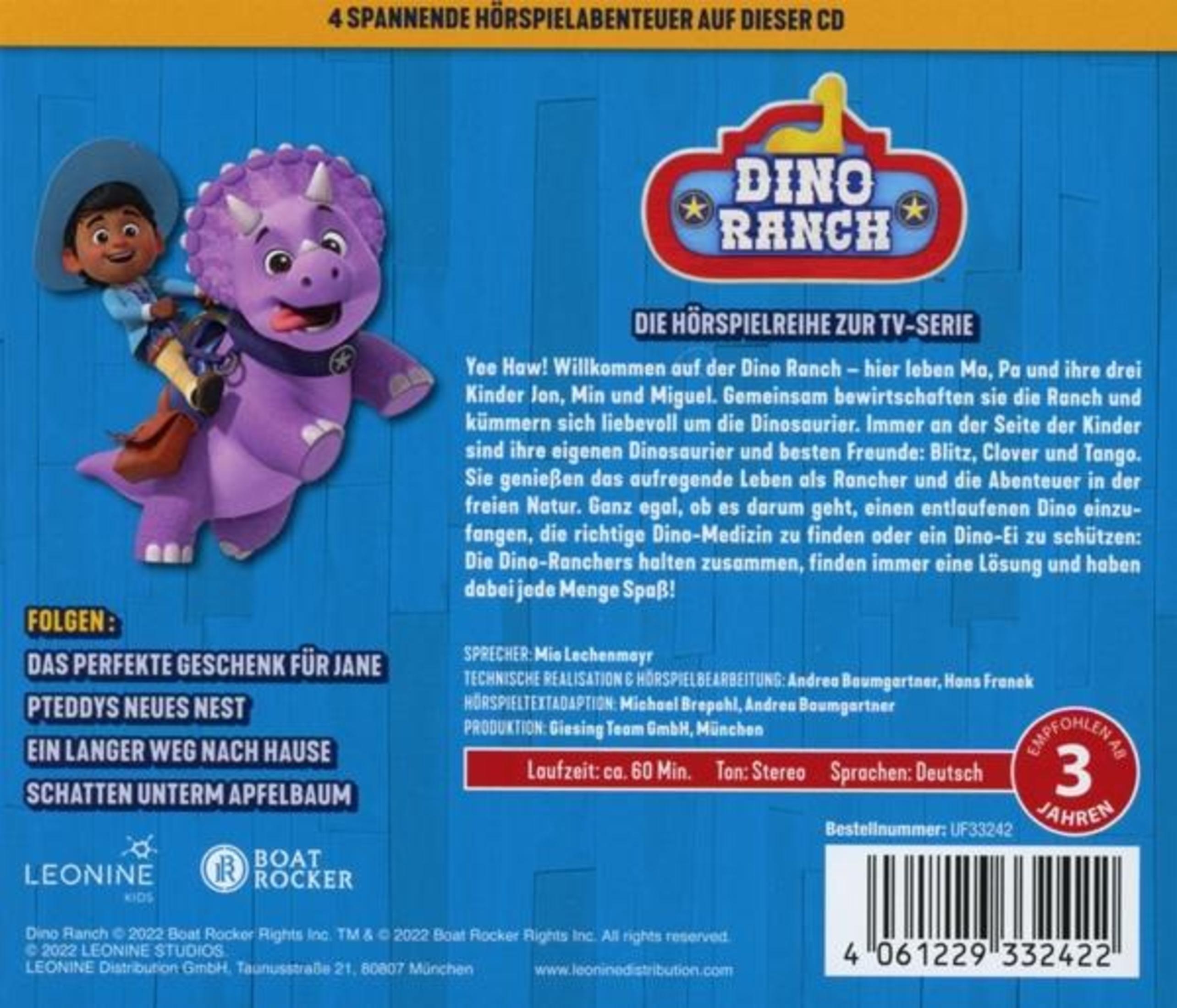 Rückseite der Dino Ranch CD mit Charakteren, Texten und blauem Hintergrund.