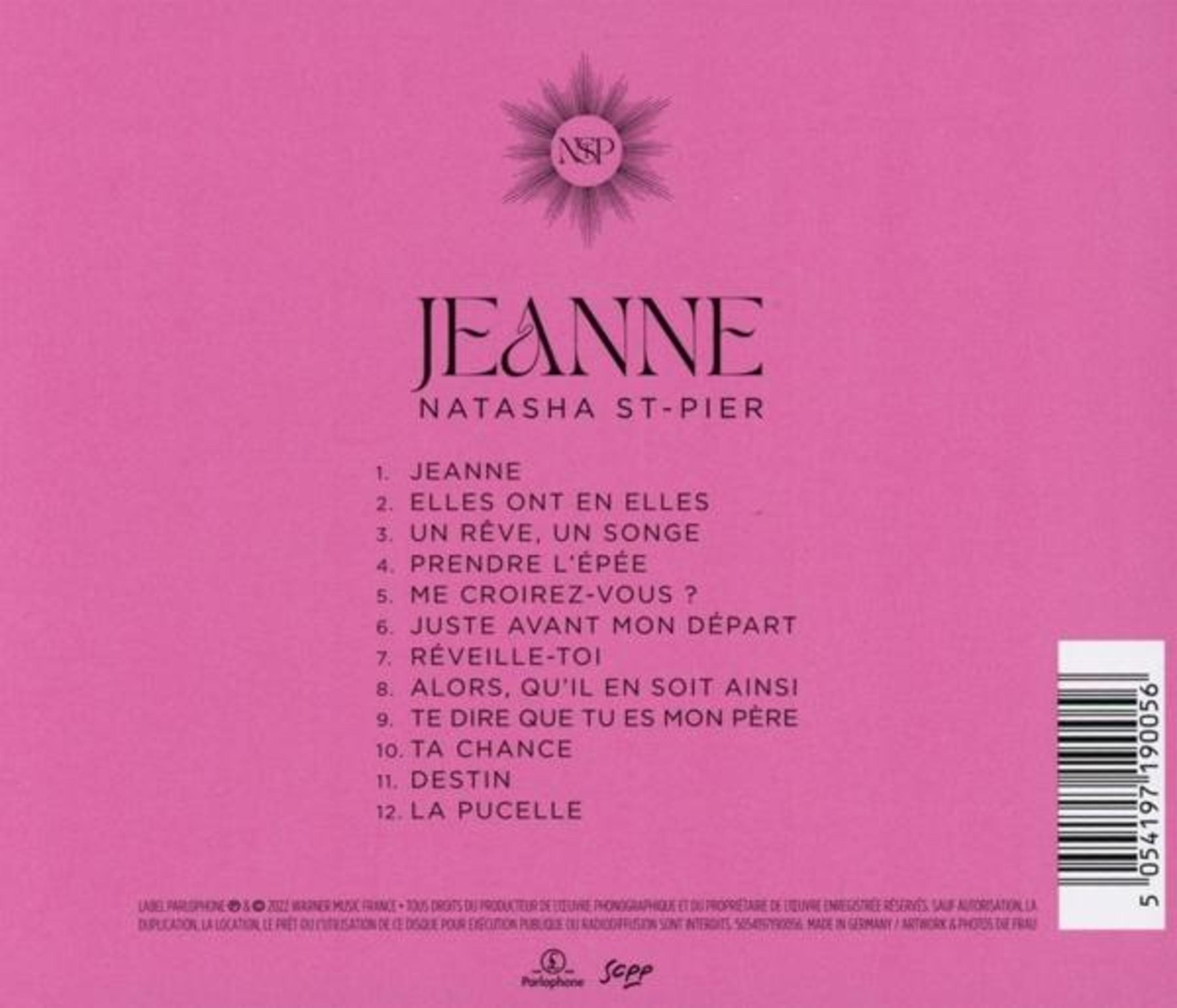 Rosa CD-Rückseite mit dem Titel Jeanne von Natasha St-Pier, Tracklist, Logo und Barcode.