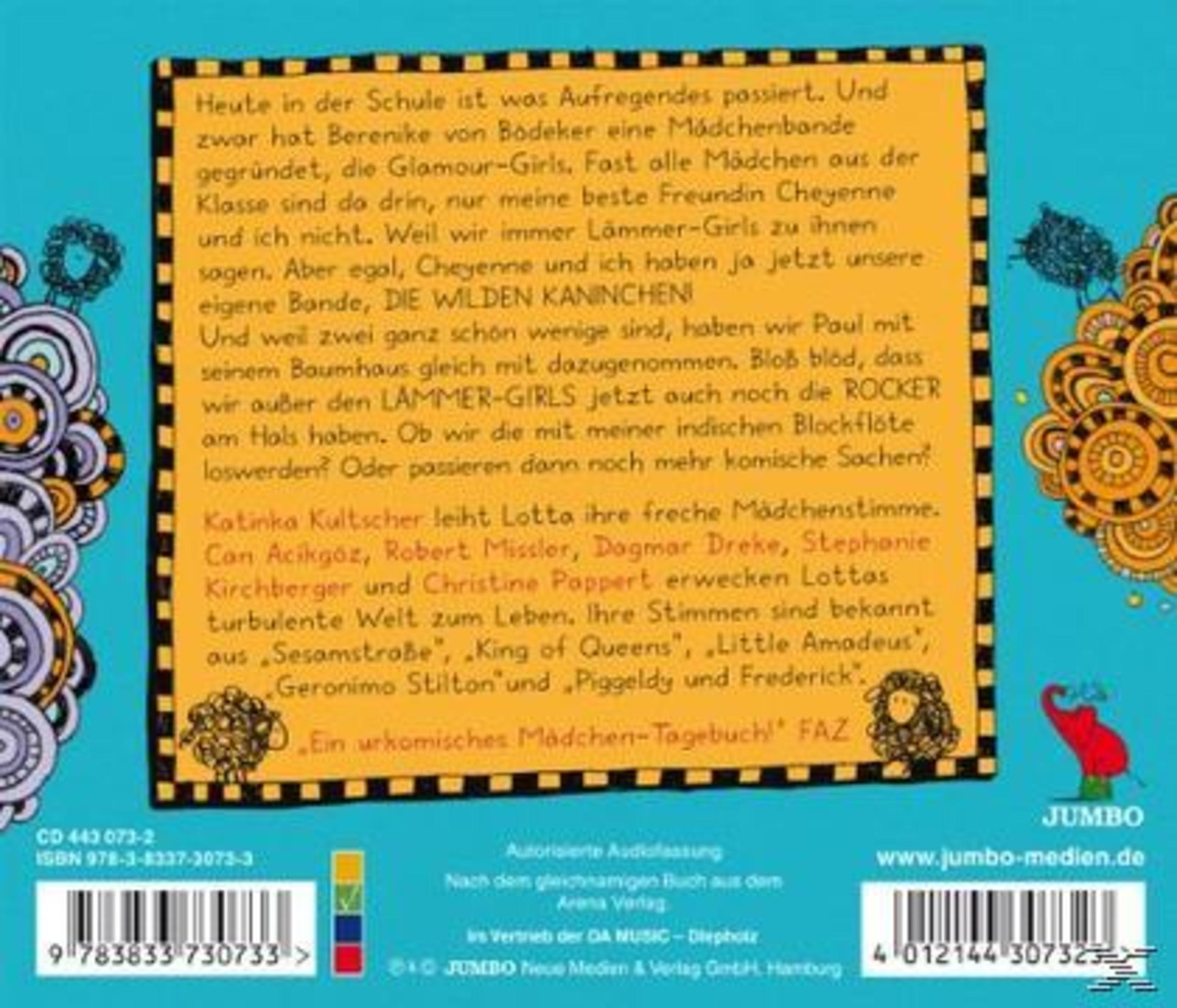 Rückseite einer Kinder-Audio-CD mit gelbem Textfeld auf blauem, verschnörkeltem Hintergrund und Barcodes.
