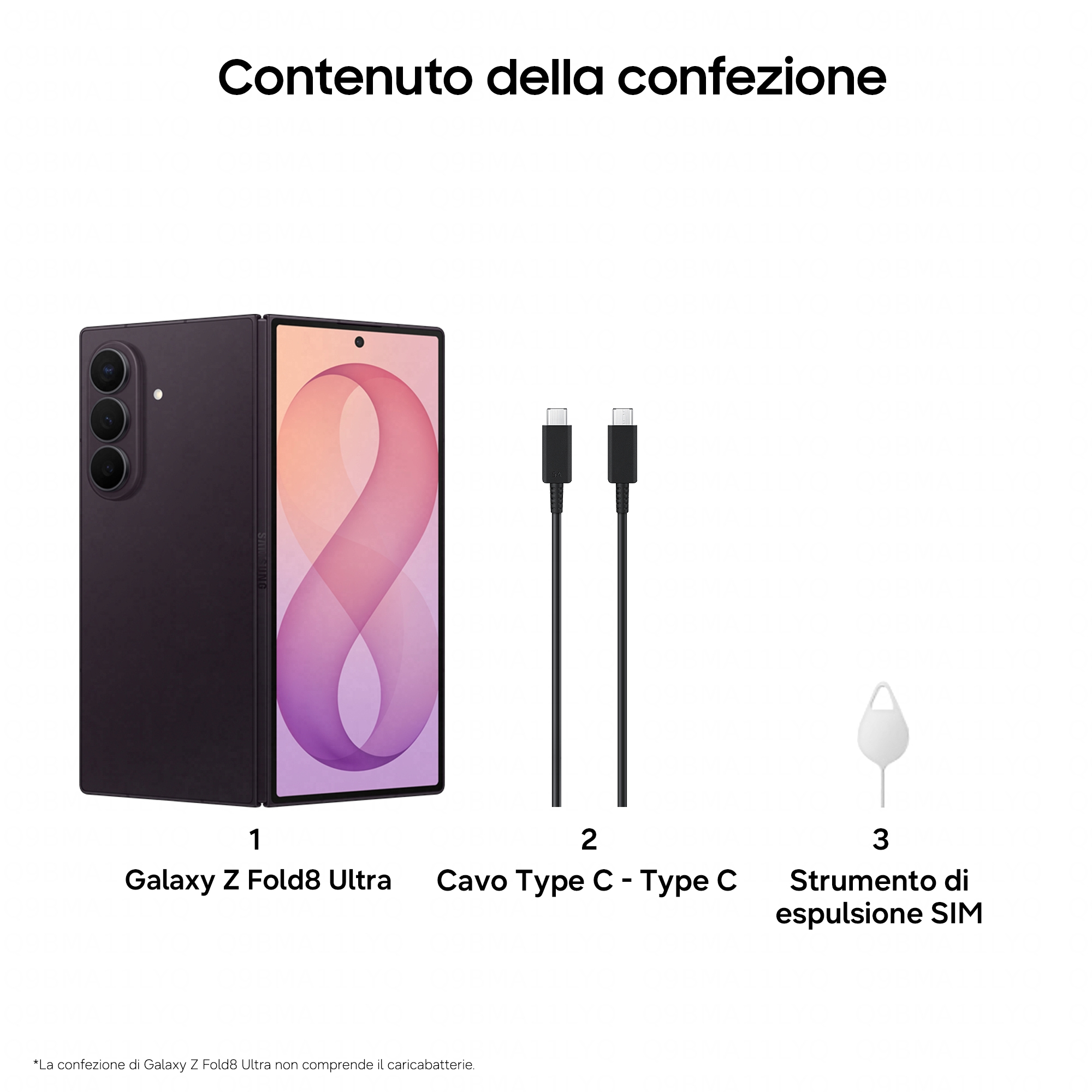 Paketinhalt mit Galaxy Z Fold8 Ultra, USB-C-Kabel und SIM-Nadel.