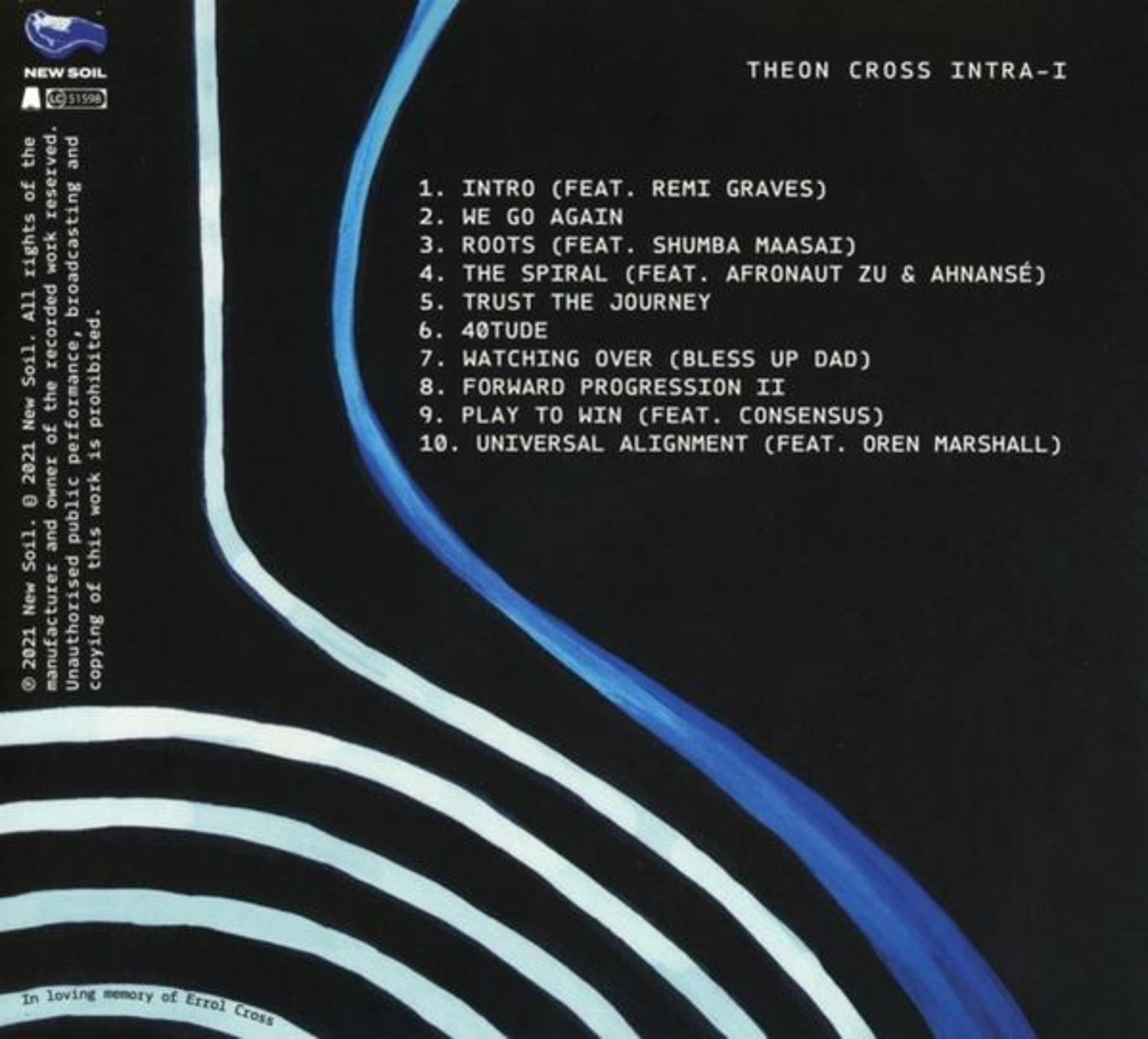Albumrückseite mit weiß-blauen abstrakten Linien auf schwarzem Grund und weißer Tracklist.