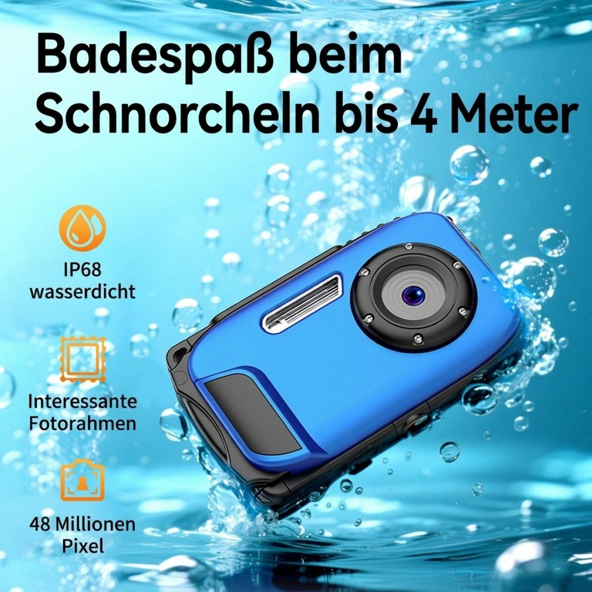 Blaue Unterwasserkamera im klaren Wasser mit Text und Symbolen.