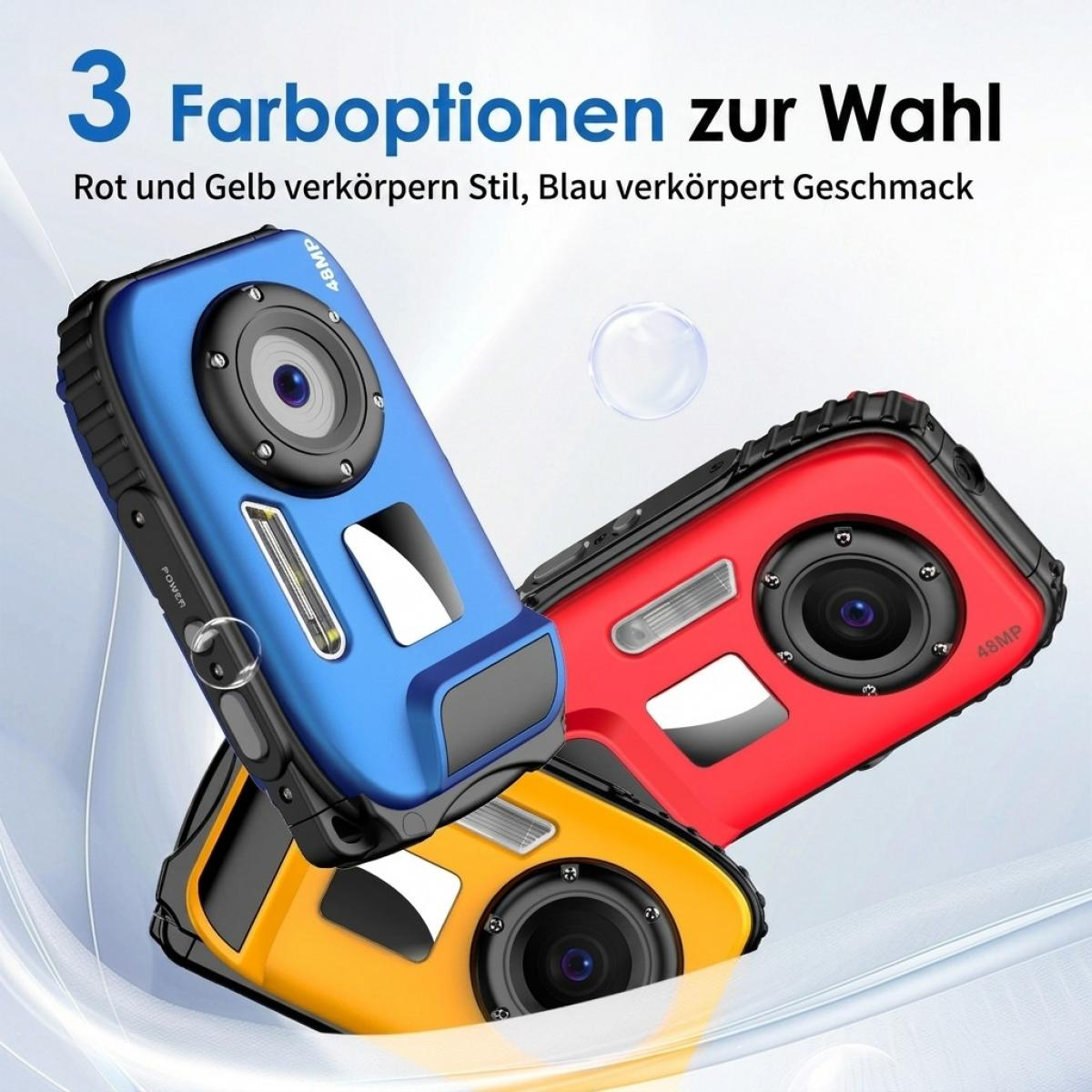 Drei bunte Unterwasserkameras in Blau, Rot und Gelb vor einem hellen Hintergrund mit deutschem Werbetext.