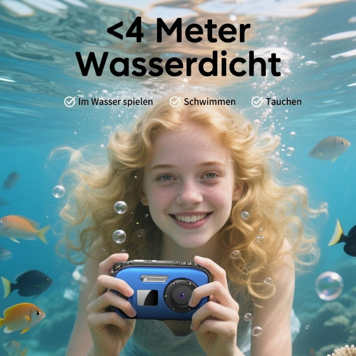 Ein lächelndes Mädchen unter Wasser mit blauer Kamera und Fischen, deutscher Text.
