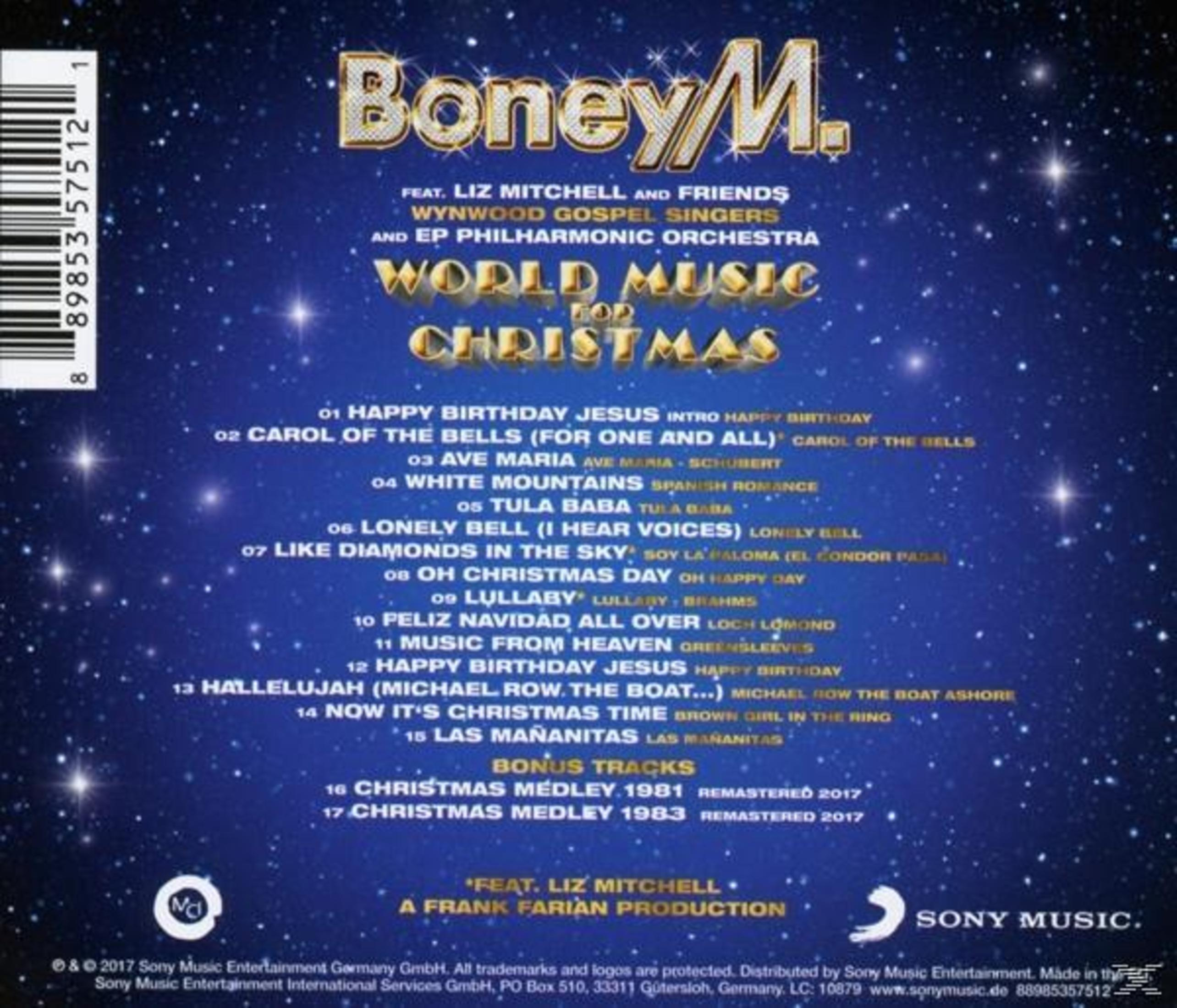 Rückseite des Boney M. Albums World Music for Christmas mit goldener Schrift vor blauem Sternenhimmel.