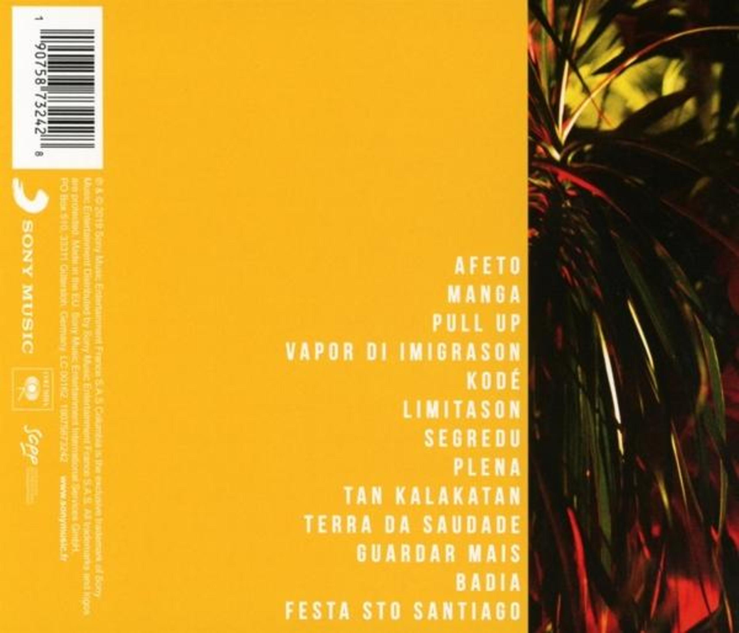 Gelbes CD-Backcover mit weißer Titelliste, Barcode, Sony Music-Logo und tropischer Pflanze.