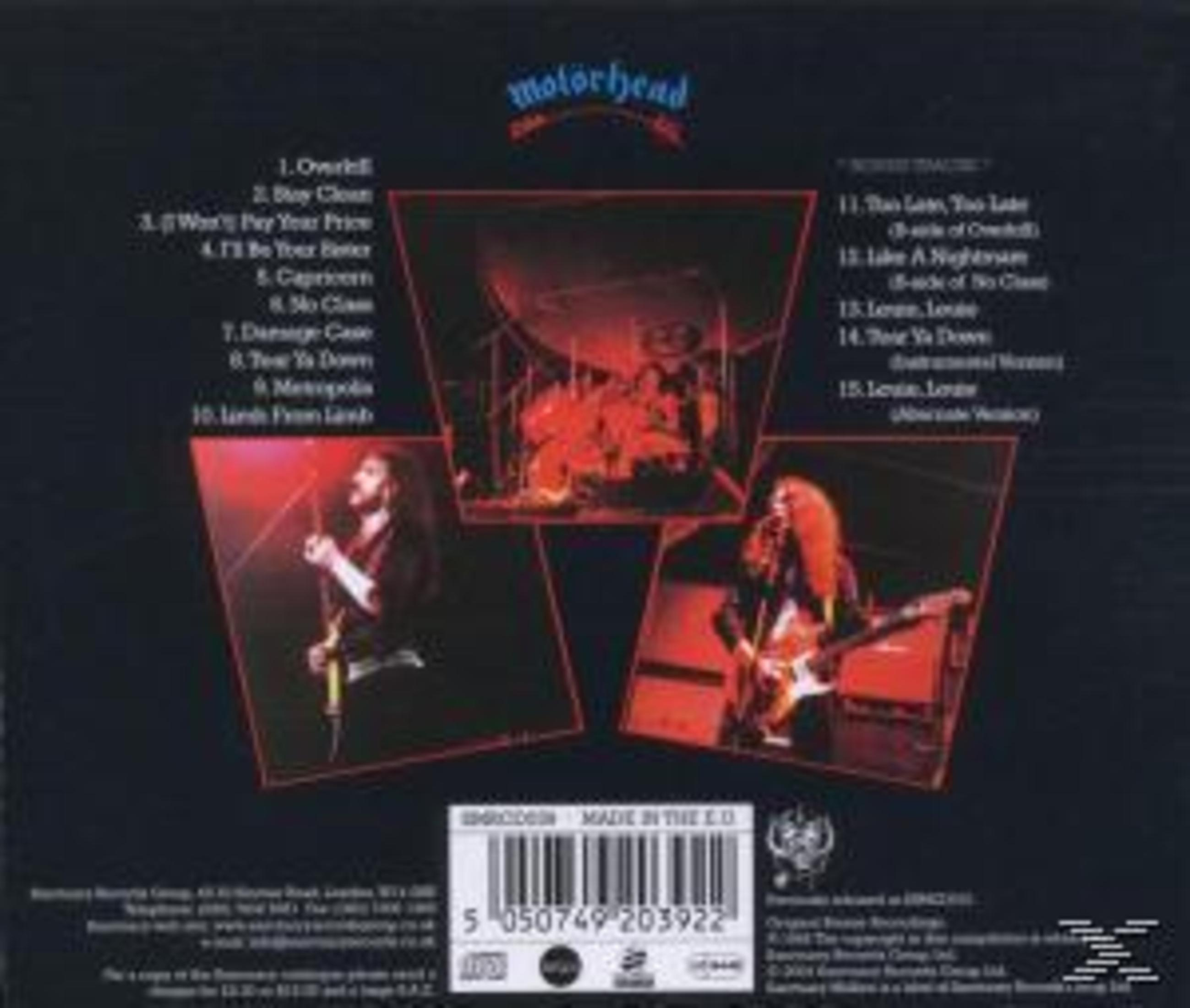 Rückseite des Motorhead-Albums mit Bandfotos, Trackliste und Barcode.