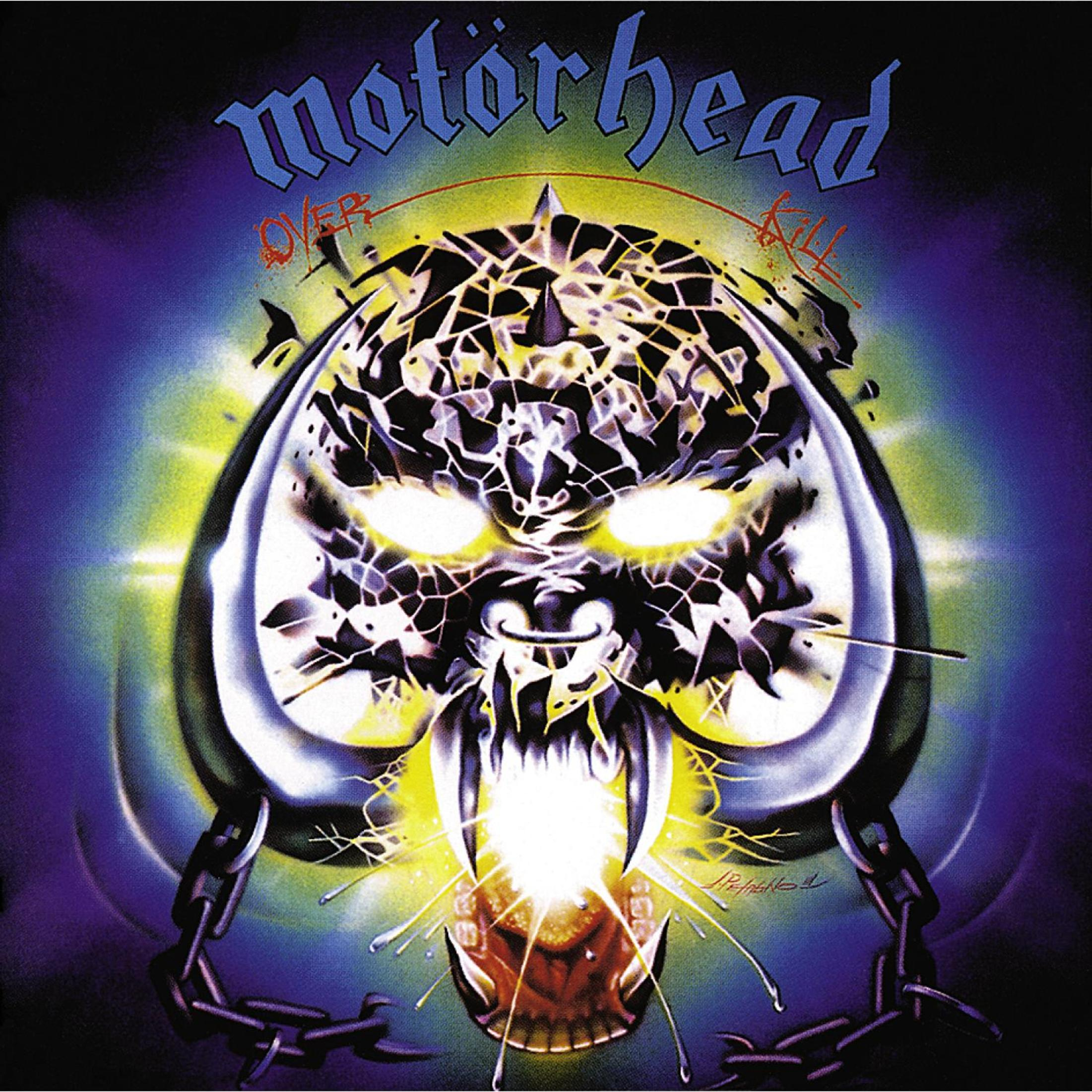 Albumcover von Motörhead Overkill mit einem gesichtslosen Schädel, funkelnden Augen und Ketten vor dunklem Hintergrund.