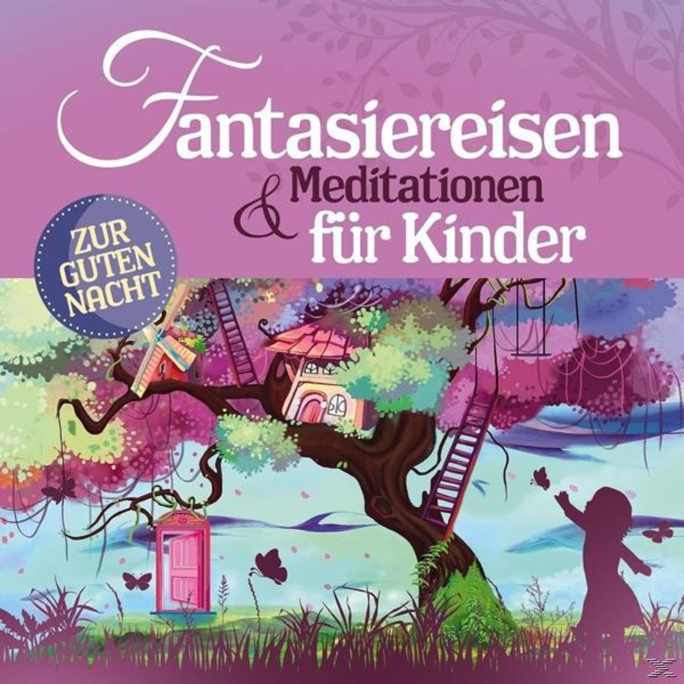 Eine lila Illustration mit einem Baum, Baumhäusern und einem Kind, das nach Schmetterlingen greift.