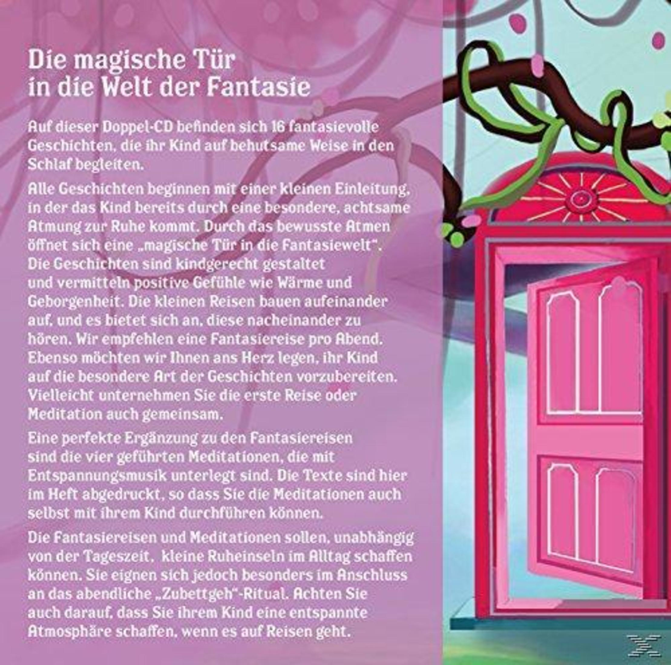 Ein rosafarbener Flyer mit deutschem Text und einer offenen rosa Tür in eine Fantasiewelt.