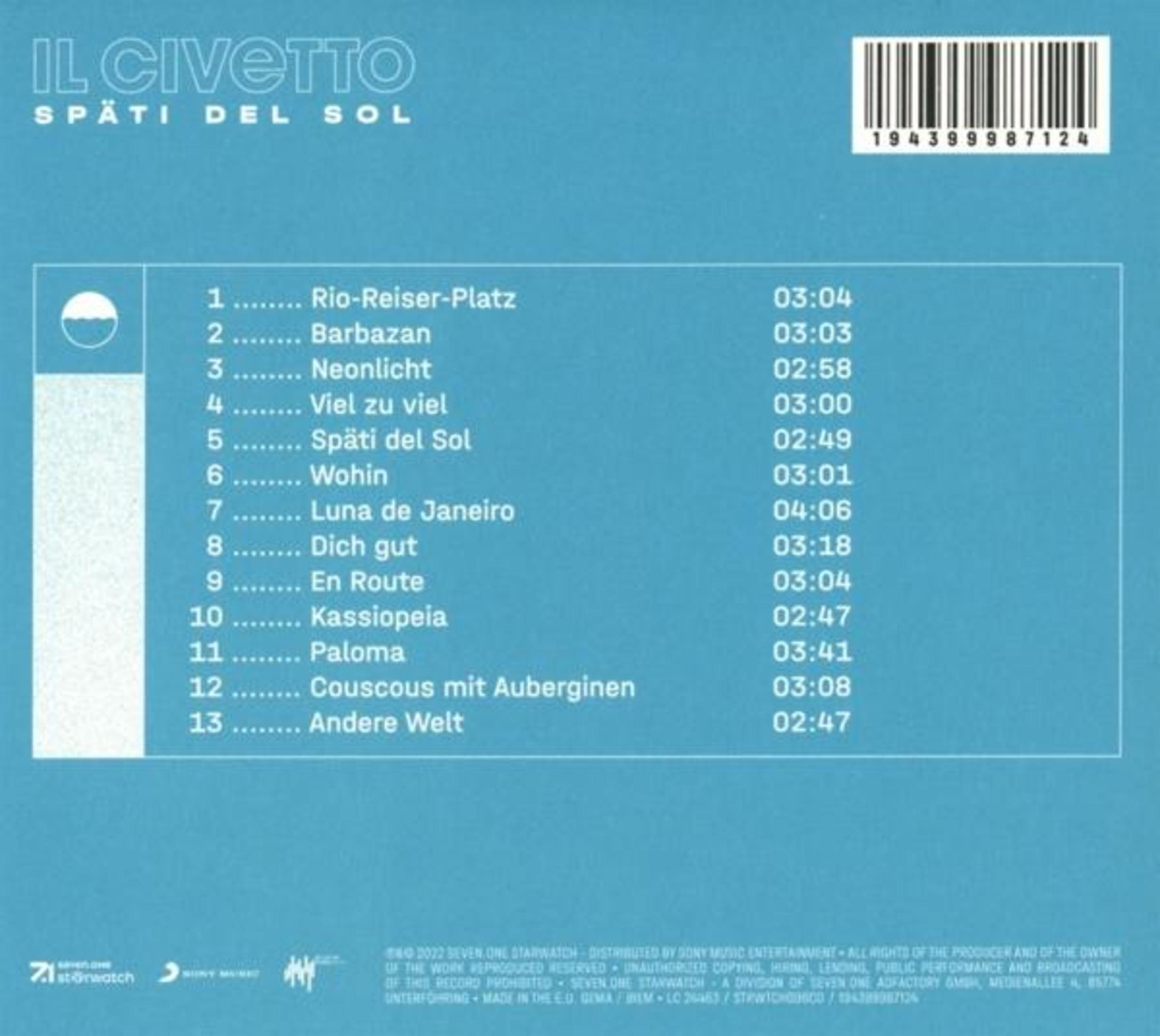 Blaue Album-Rückseite mit Tracklist, Strichcode und Albumtitel 'Il Civetto Späti del Sol'.