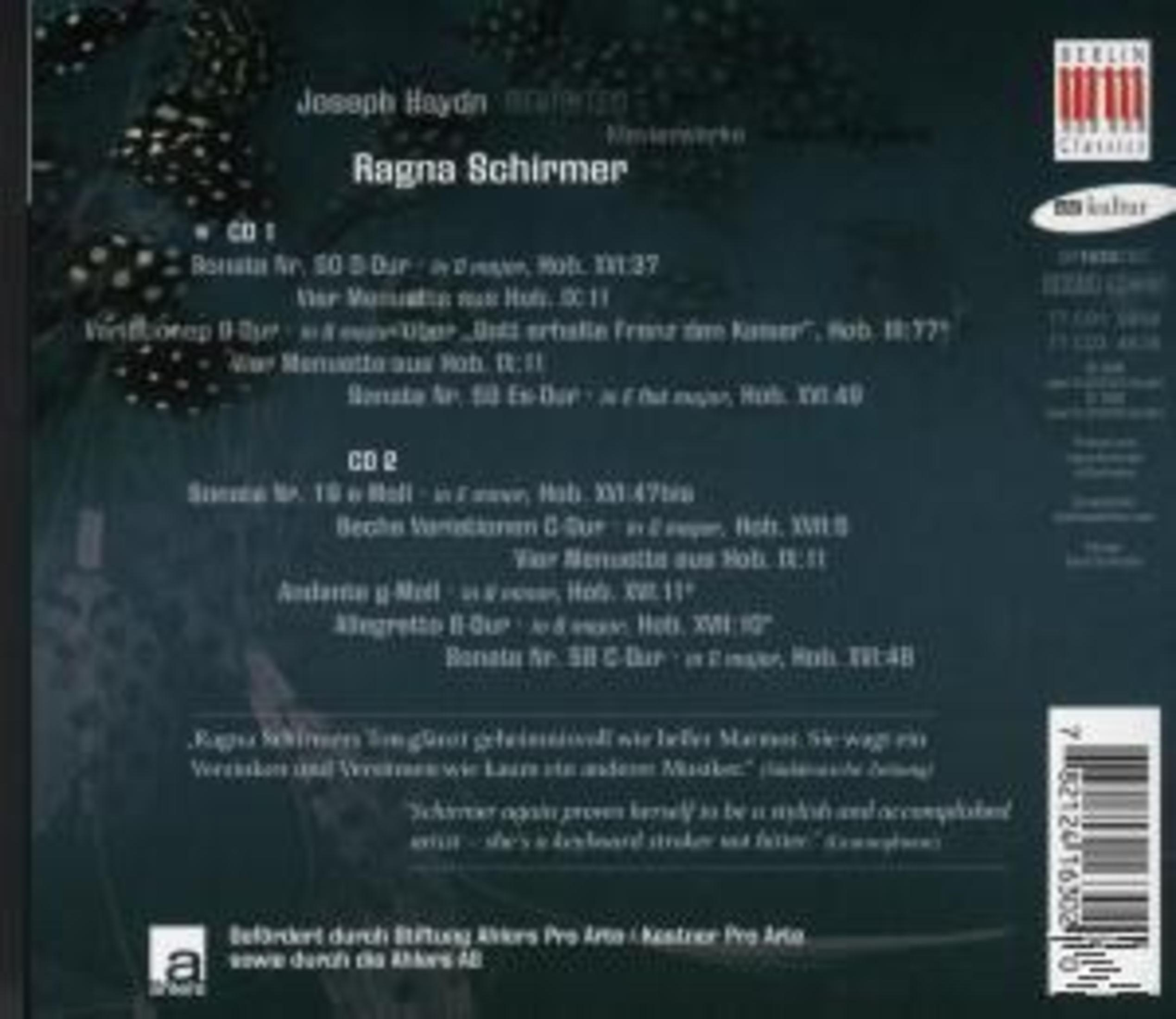 Rückseite einer Joseph Haydn CD von Ragna Schirmer mit Tracklist, dunkelblauem Hintergrund und Barcode.