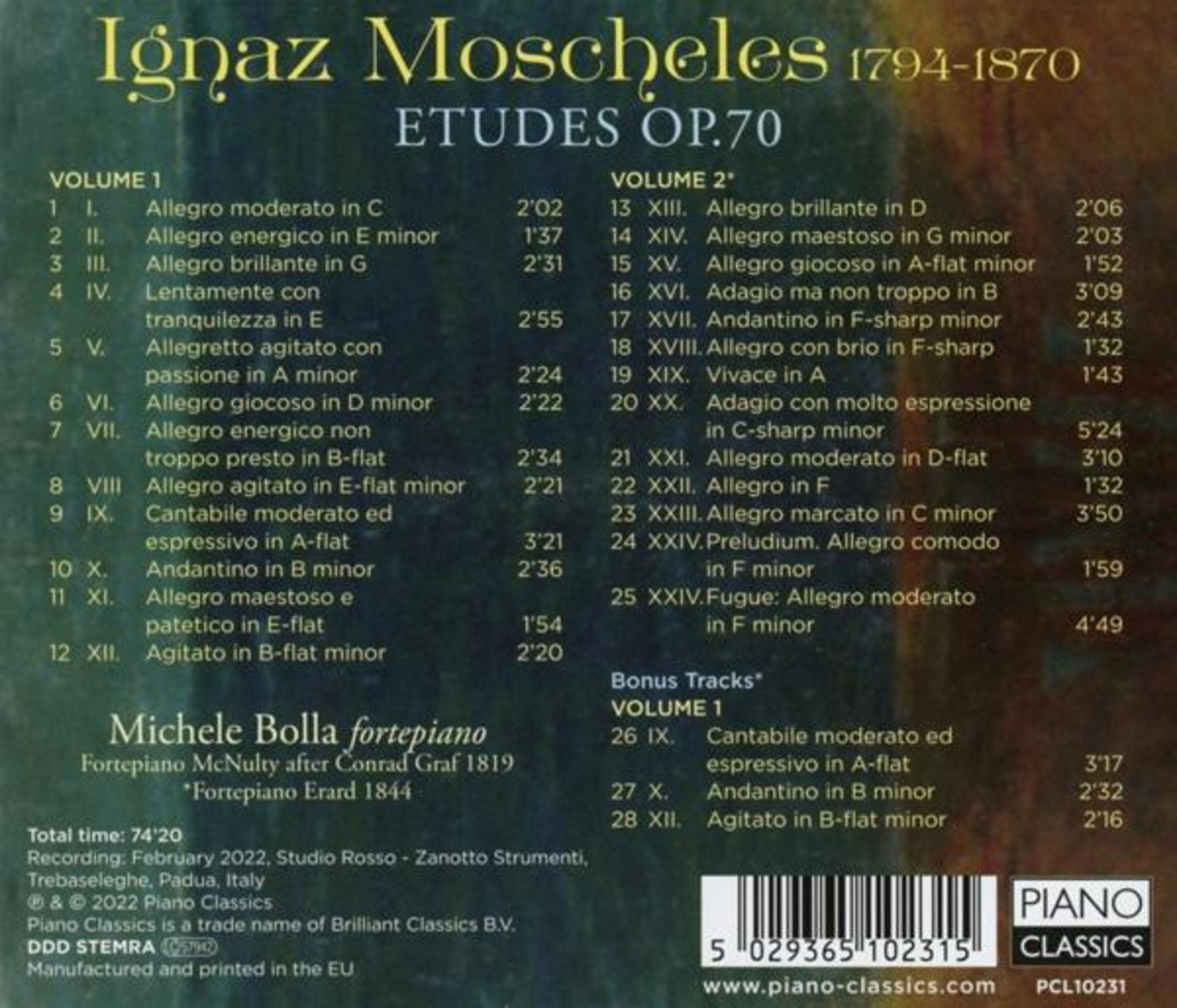 Rückseite einer CD mit Tracklist und Angaben zu Ignaz Moscheles Etüden Op. 70, gespielt von Michele Bolla.