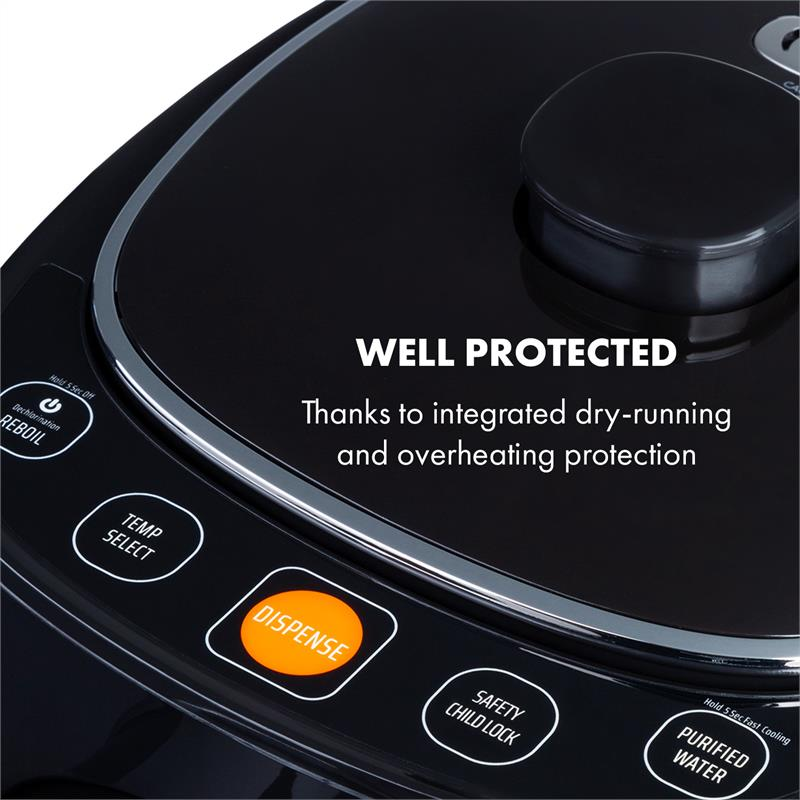 Bedienfeld eines Wasserspenders mit Tasten für Reboil, Temp Select, Dispense, Child Lock und Purified Water.