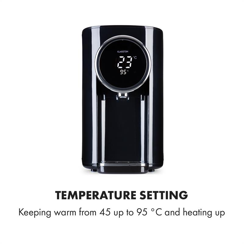 Schwarzer Klarstein Heißwasserspender mit digitalem Display und Temperaturregelung von 45 bis 95 °C.