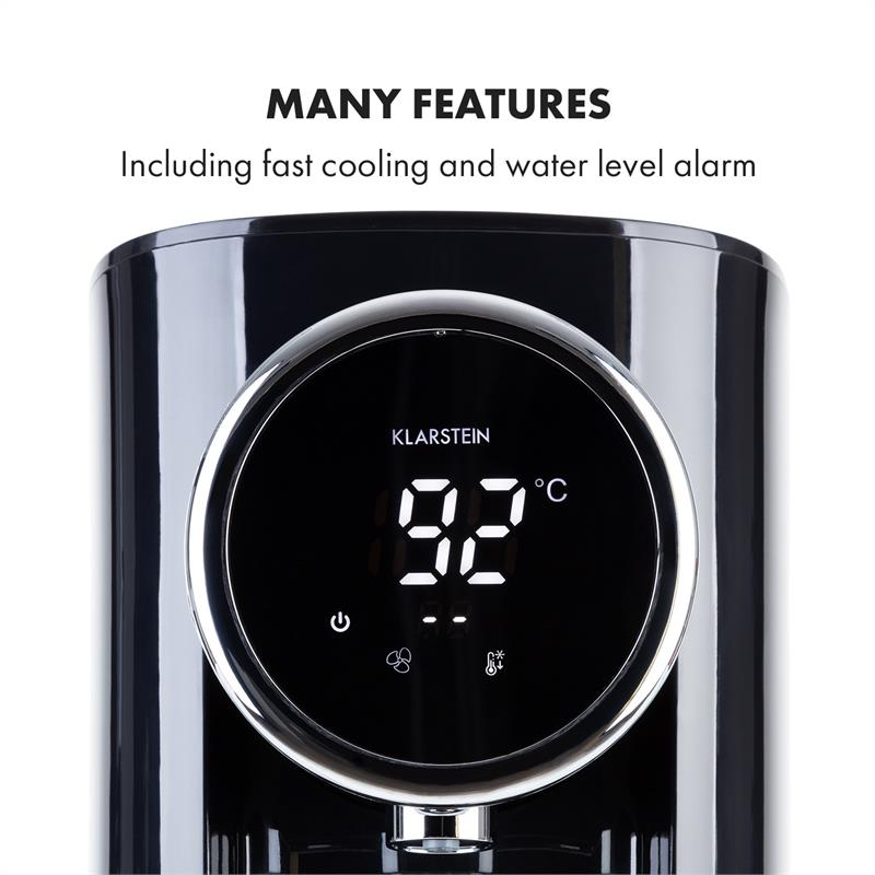 Klarstein-Gerät mit digitalem Display, das 92 Grad Celsius anzeigt, und Text zu den Funktionen oben.