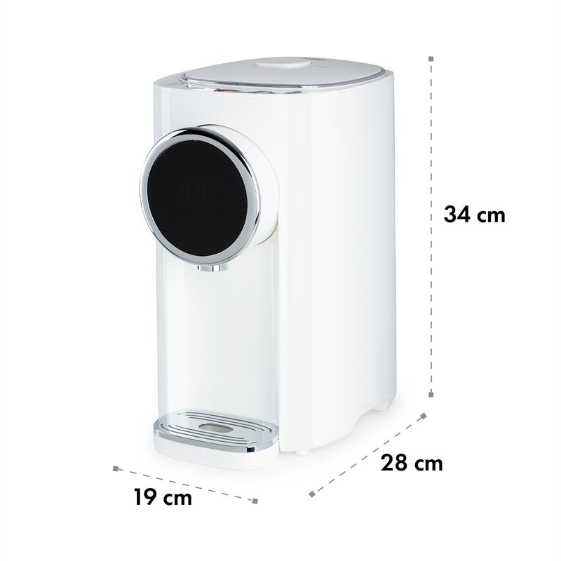 Weißer, kompakter Wasserdispenser mit digitalem Display und Maßangaben von 34x28x19 cm auf weißem Hintergrund.