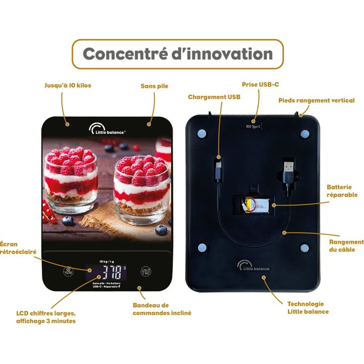 Diagramm einer schwarzen Küchenwaage mit USB-C-Anschluss, LCD-Bildschirm und Beeren-Design obenauf.